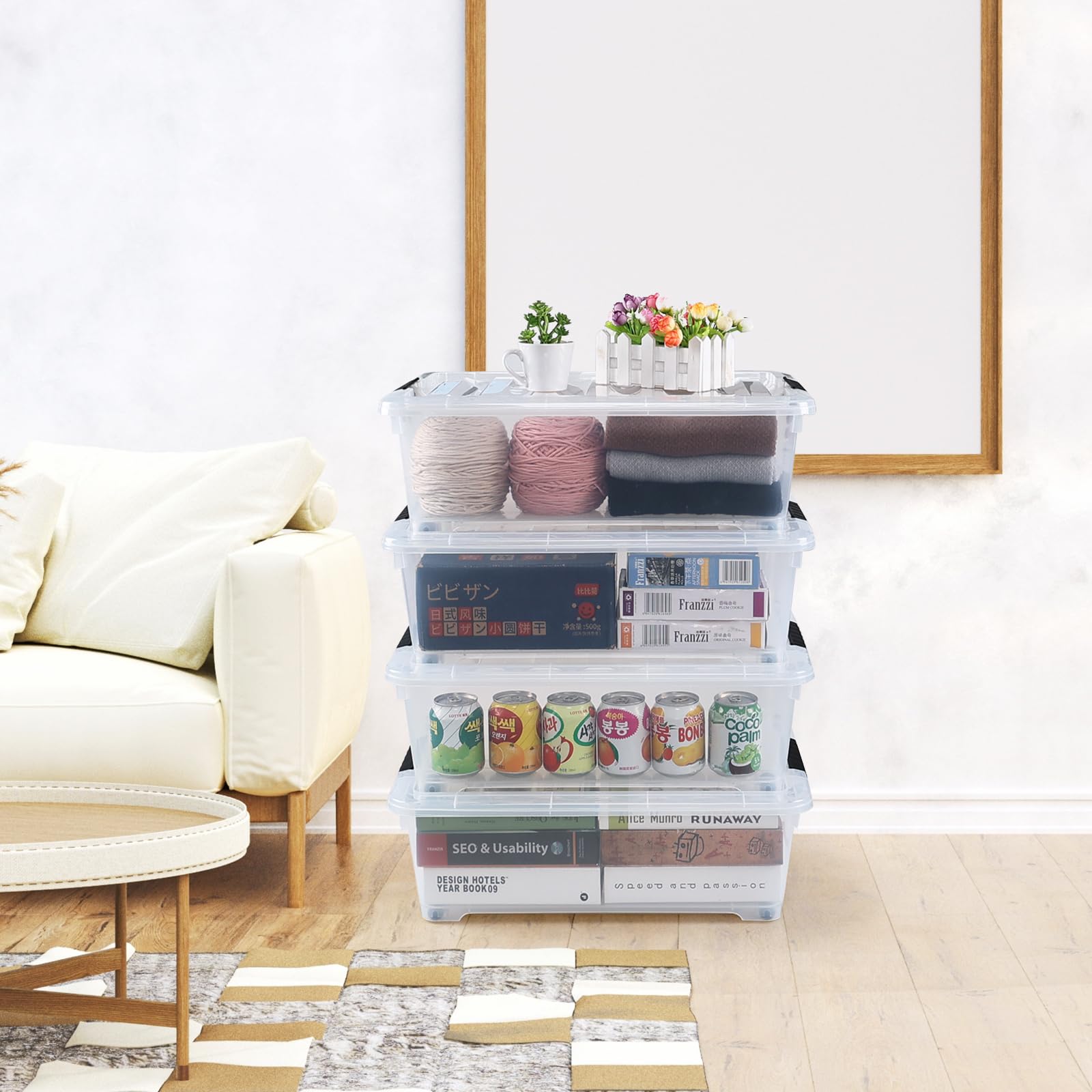 4 Pack 20 Quart Clear Under Bed Plastic Storage Bins with Wheels (4 Count)