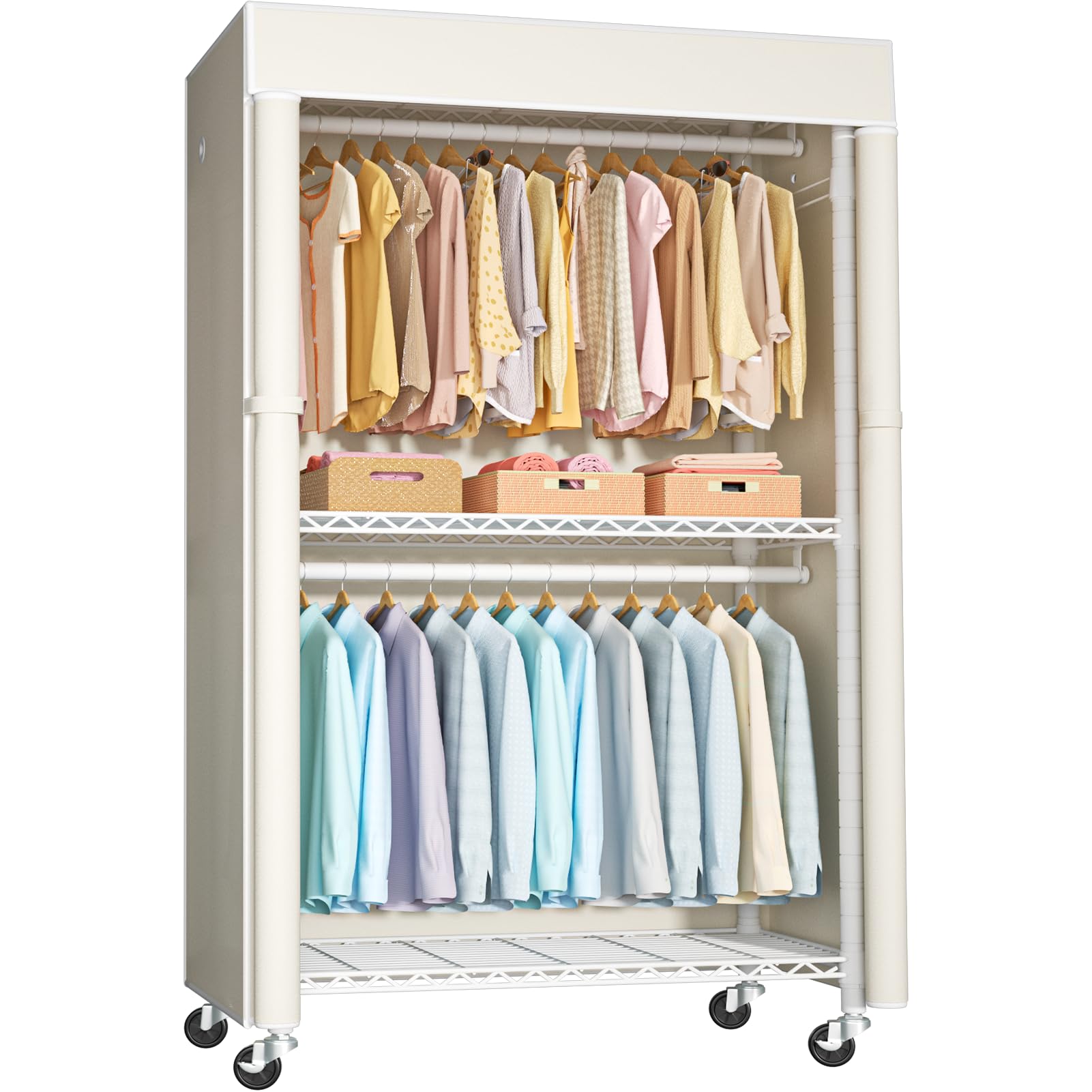 White Clothing Rack with Beige Cover
