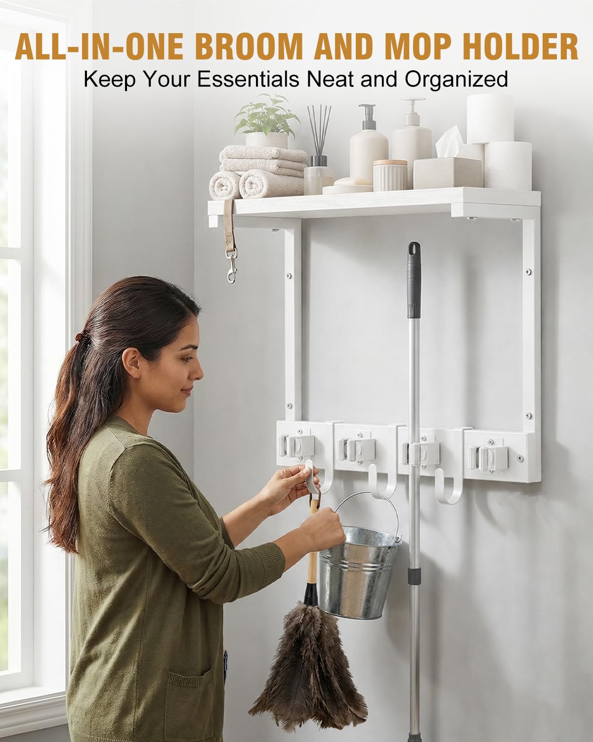 Small Broom Holder Wall Mount with Shelf