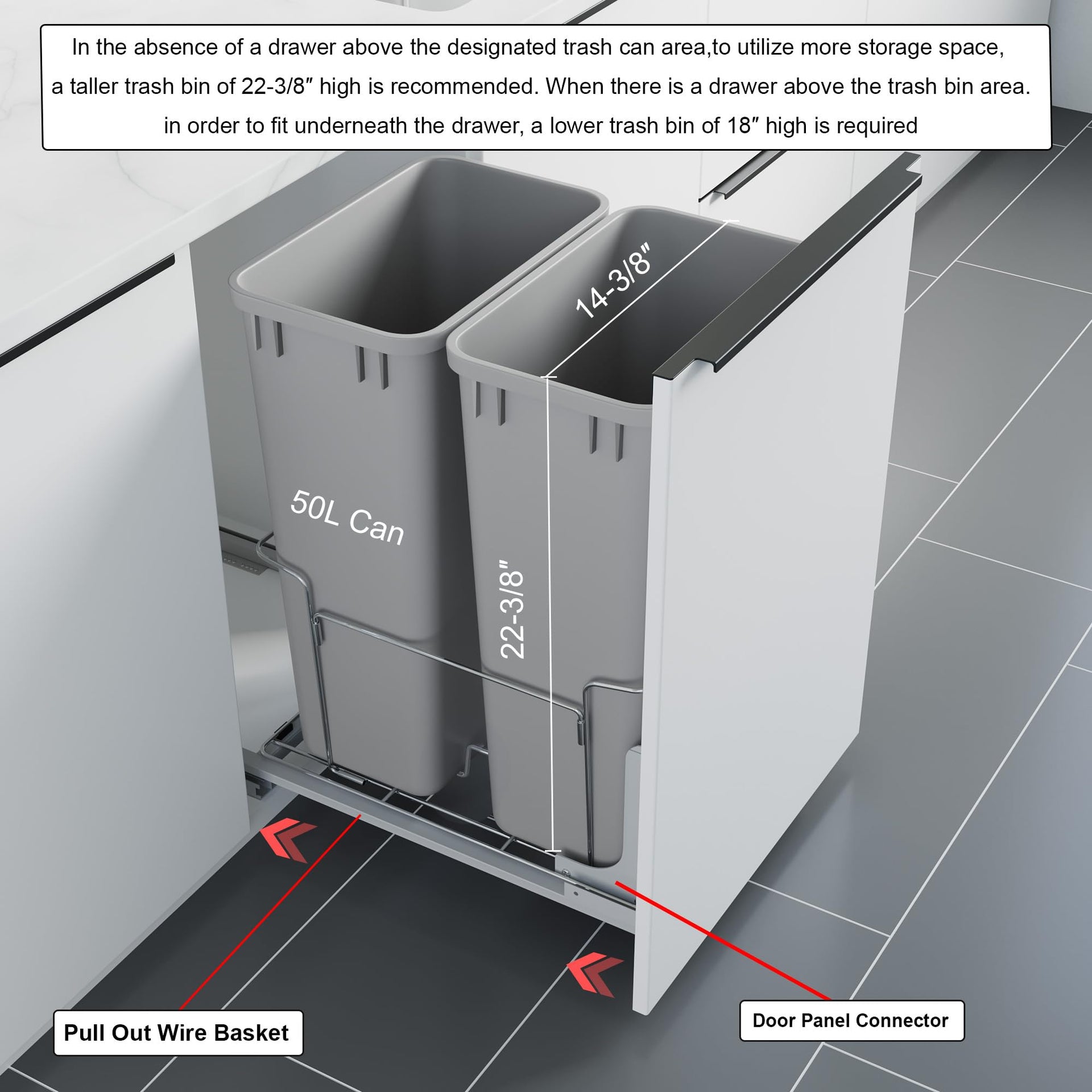 Dowell B18 Aluminum Base Wastebasket Pullout with Door Mount and Two 50Qt (2 Count)