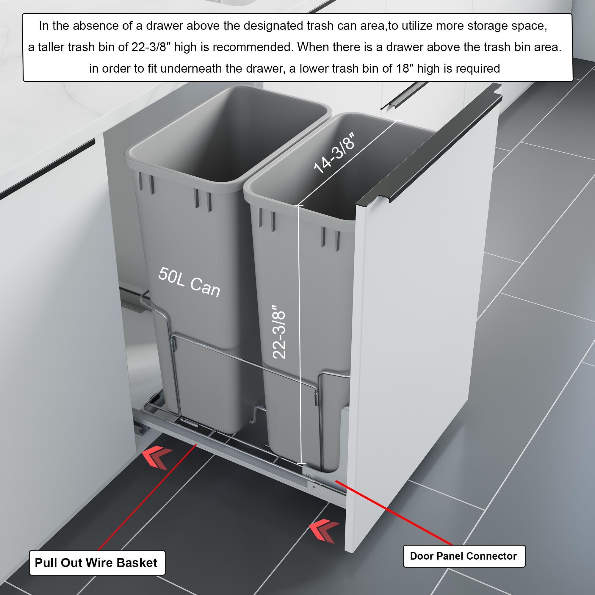 Dowell B18 Aluminum Base Wastebasket Pullout with Door Mount and Two 50Qt (2 Count)
