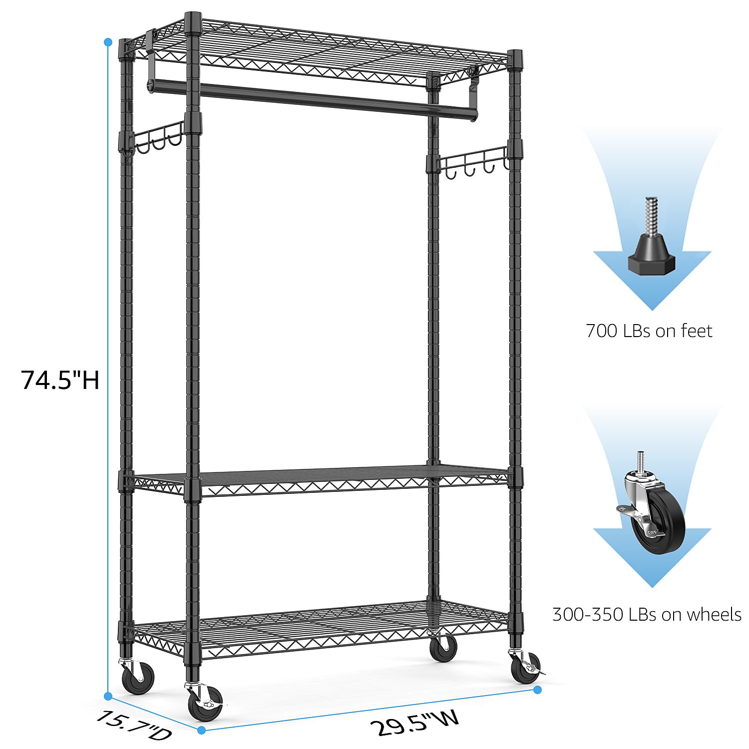 Heavy Duty Rolling Garment Rack 3 Tiers Adjustable Wire Shelving Clothes Rack with Rods and Side Hooks