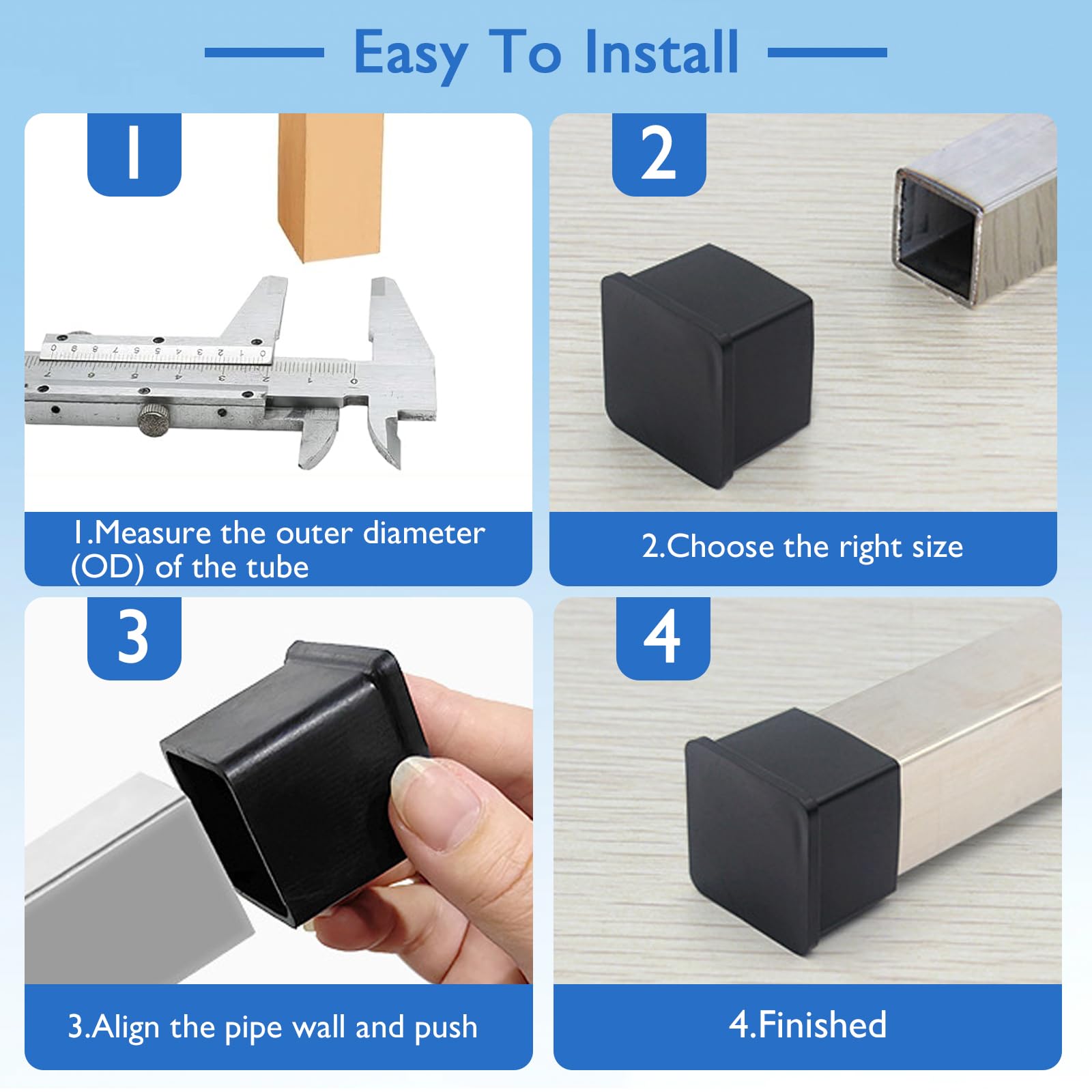 32 Pcs 1-1/4" x 1-1/4" Black Square Rubber Chair Leg Caps (32 Count)
