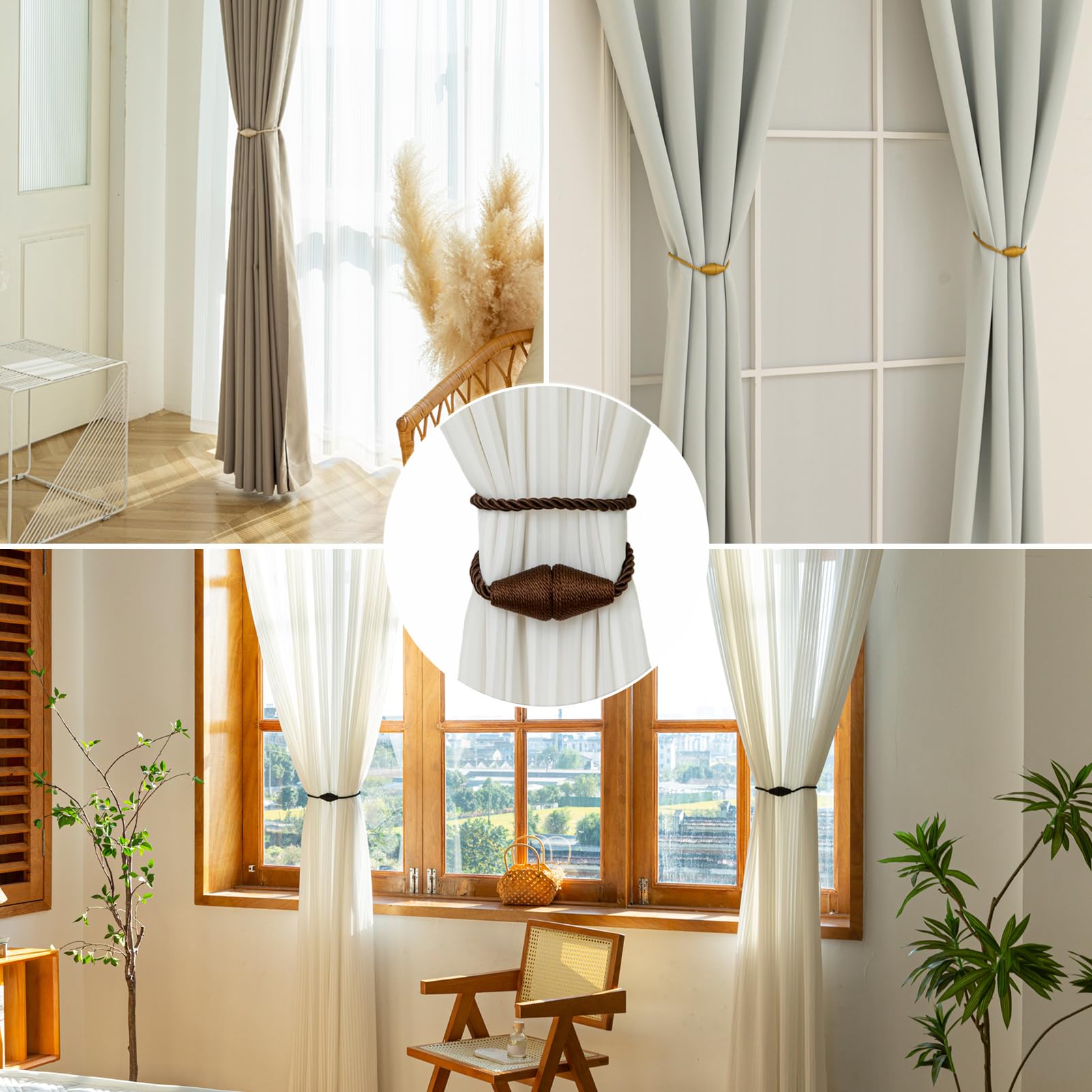 Magnetic Curtain Tiebacks 6 Pack Outdoor Rope Curtain Tie Backs Decorative Window Treatment Holdbacks for Home Decorative Curtain (6 Count)