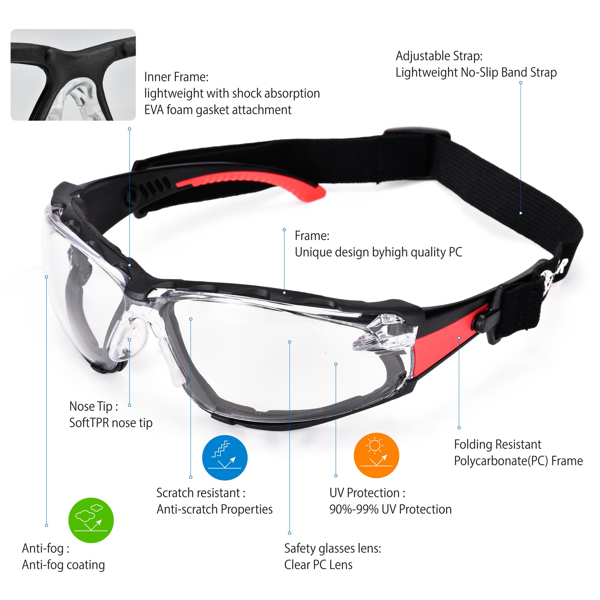 Safety Glasses Anti Fog Scratch Resistant ANSI Z87.1 CE Protective Eyewear with Foam Gasket Adjustable Strap