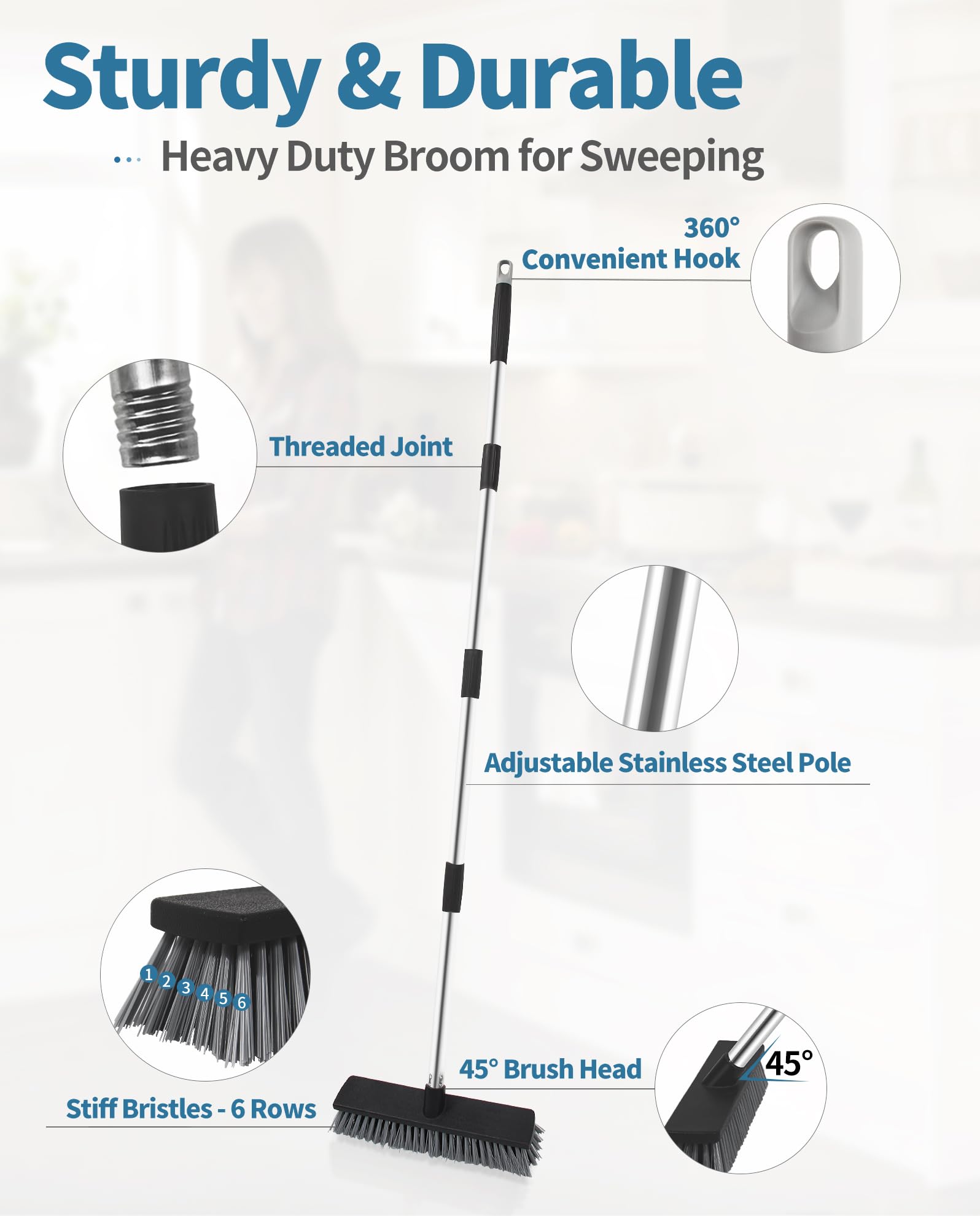 LandHope Hard Bristle Deck Broom Adjustable Long Handle Scrub Brush Heavy Duty Concrete Push Broom Outdoor Brush Garage Broom Wood Large Floor Scrubber 28
