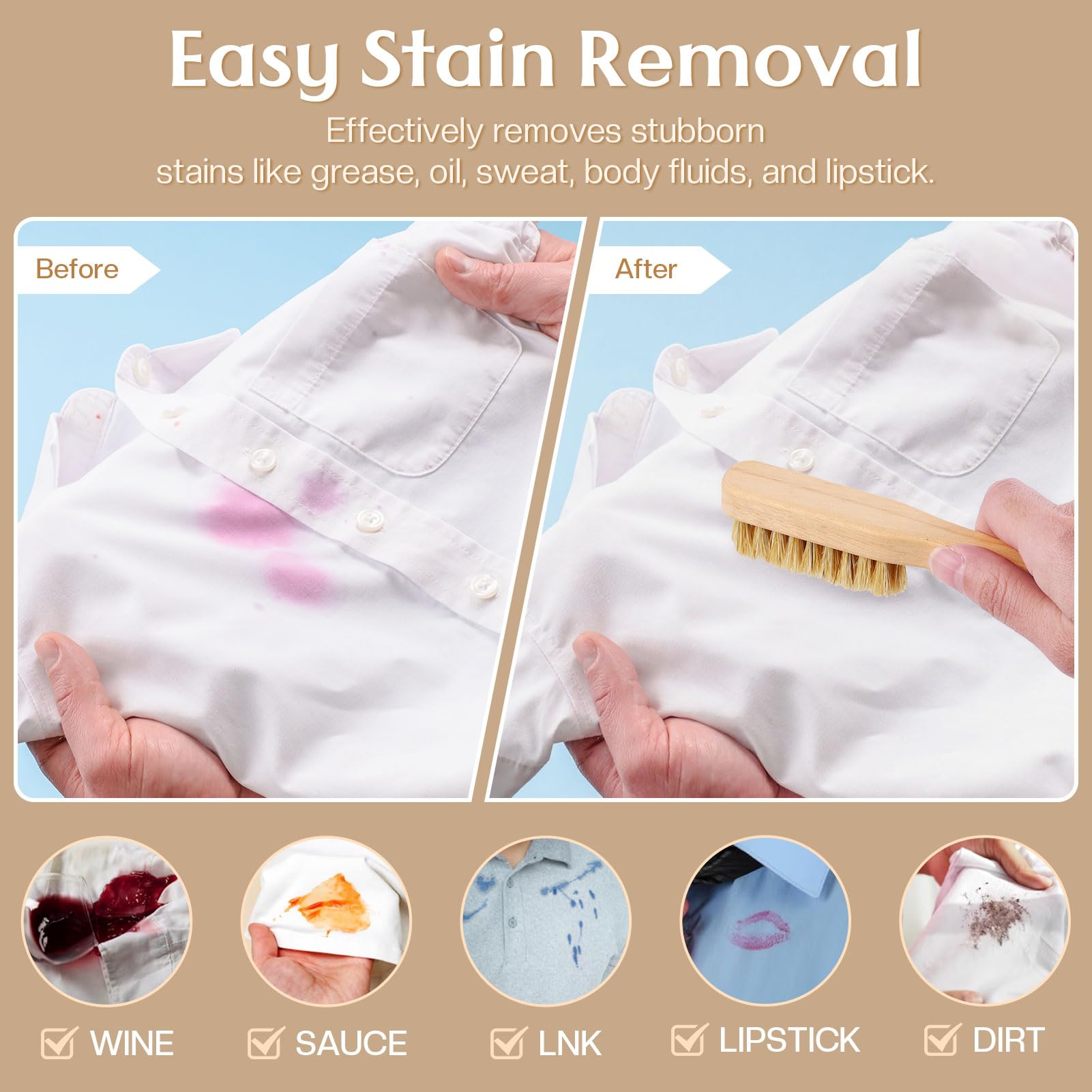 3 Pcs Wood Laundry Stain Brush Stain Remover Brushes with Boar Bristle Small Stain Brush for Clothes for Scrubbing Stains from Furniture Fabric Leather (3 Count)