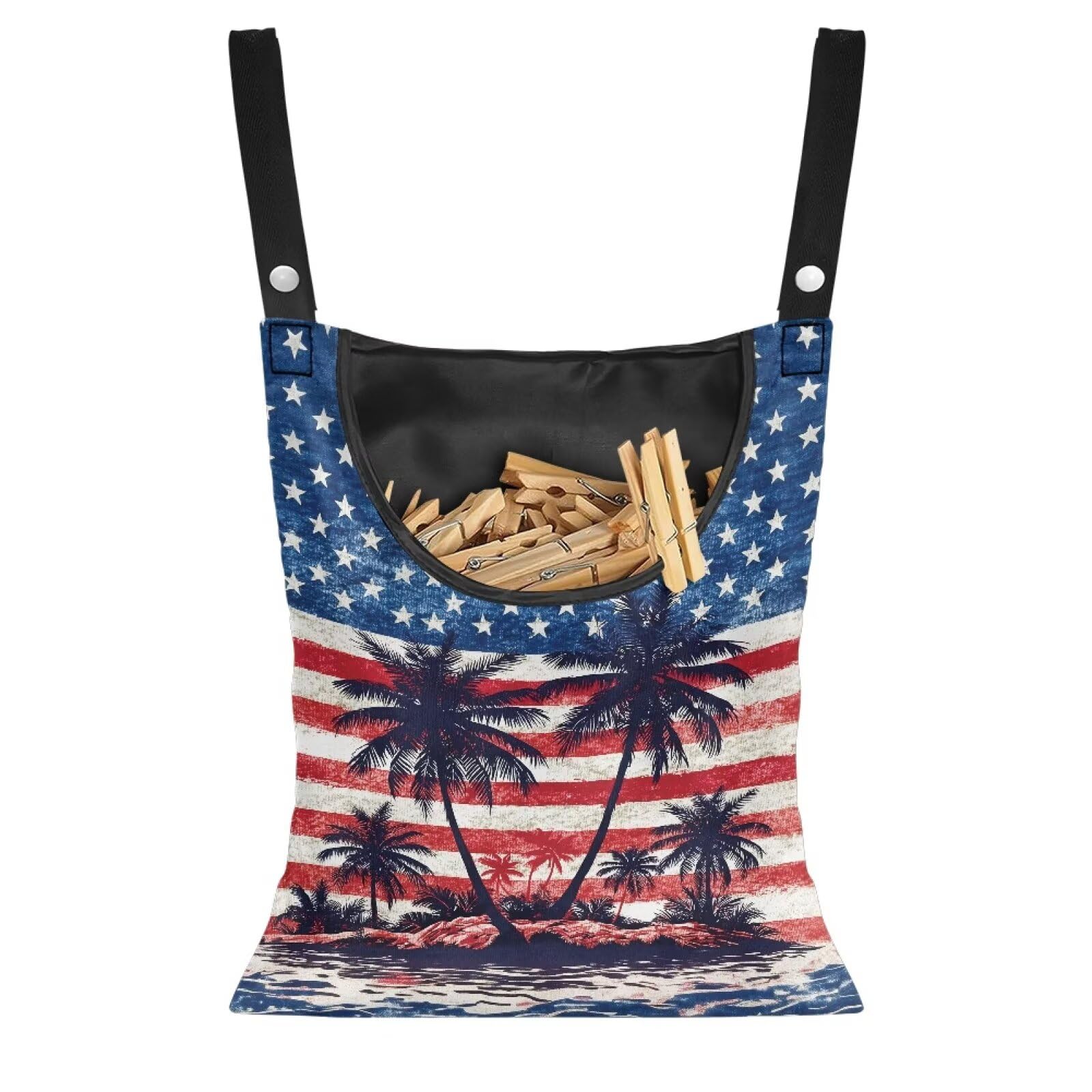 American Flag Clothes Pin Bag to Hang On Line Palm Tree Reusable Clothespin Holder Laundry Room Clothespin Holder with Large Opening Space