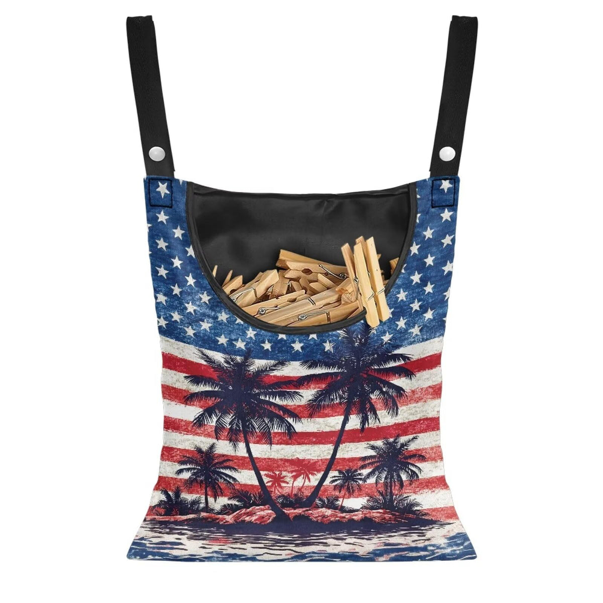 American Flag Clothes Pin Bag to Hang On Line Palm Tree Reusable Clothespin Holder Laundry Room Clothespin Holder with Large Opening Space