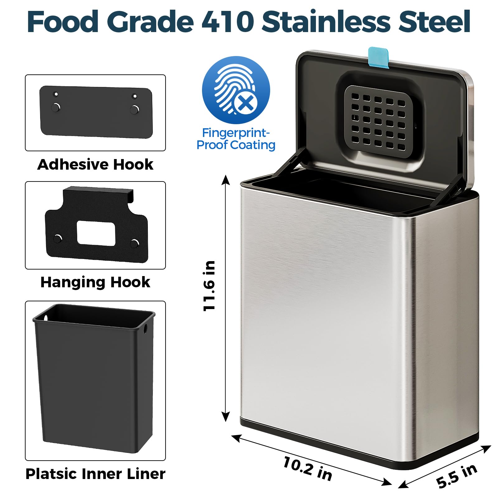 Stainless Steel Hanging Trash Can with Lid and Inner Bucket