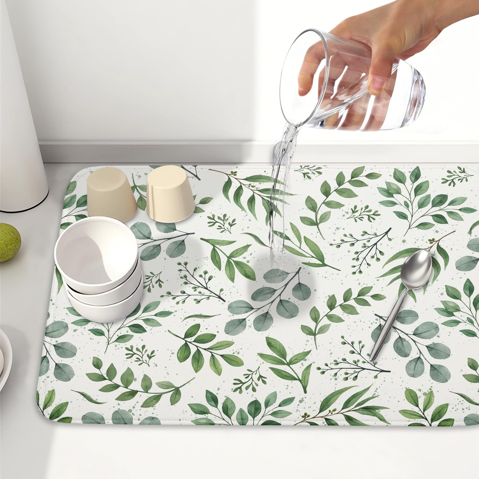 Sage Green Dish Drying Mat 18x24 In Absorbent Reversible Eucalyptus Leaves Plant Drying Mat Green Plant Dish Drying Rack Mat Spring Summer Themed Dish Drainer Mat for Kitchen Counter Coffee Bar