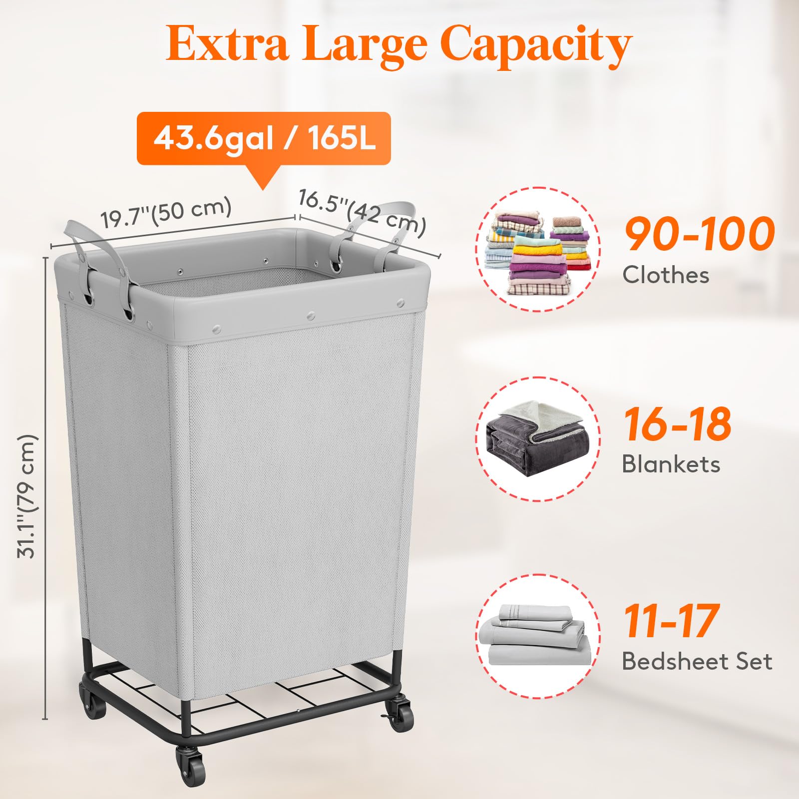 165L Heavy Duty Laundry Basket with Wheels and Handles