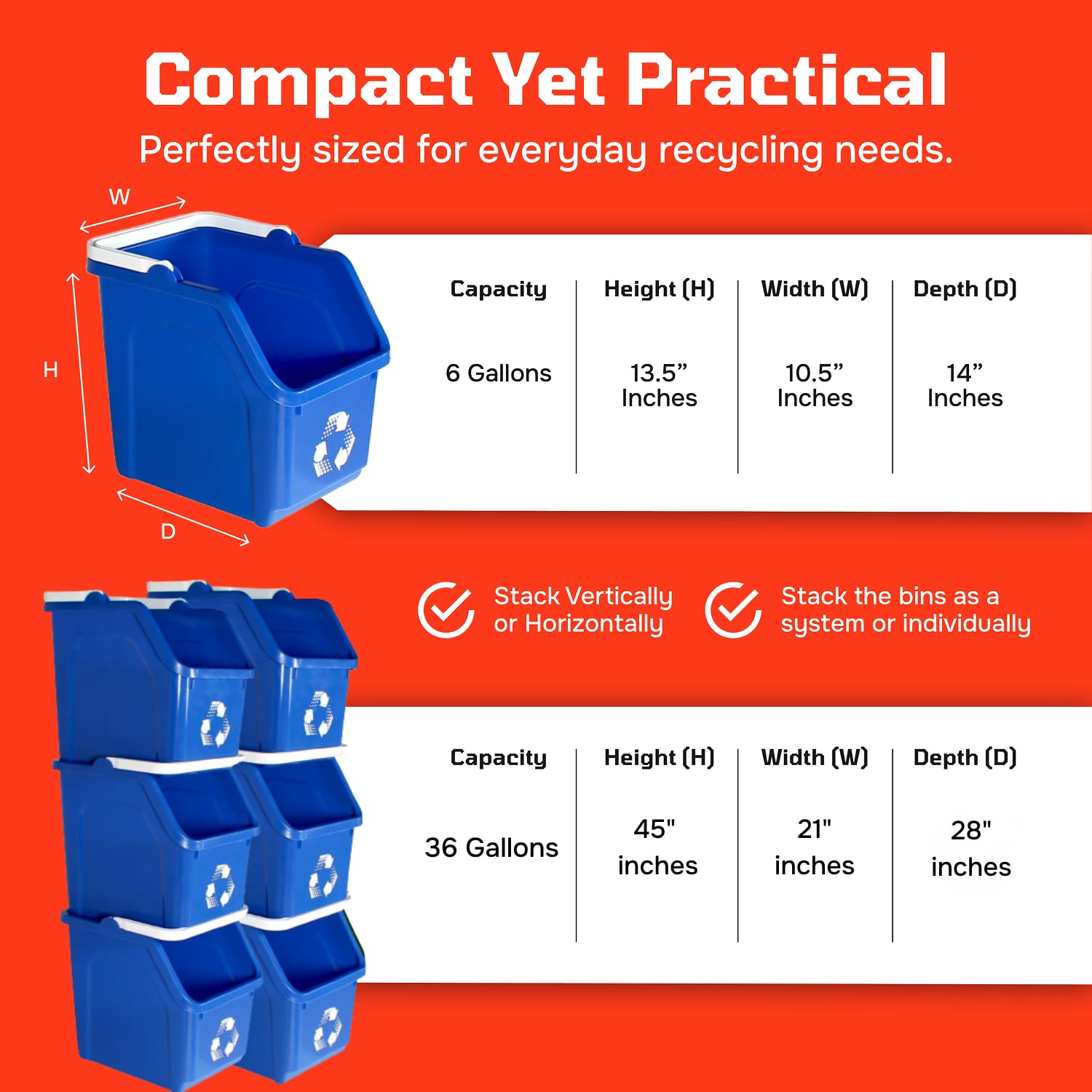 Red Recycle Bin 6 Gallon Stackable Recycle Bins for Kitchen with Handle