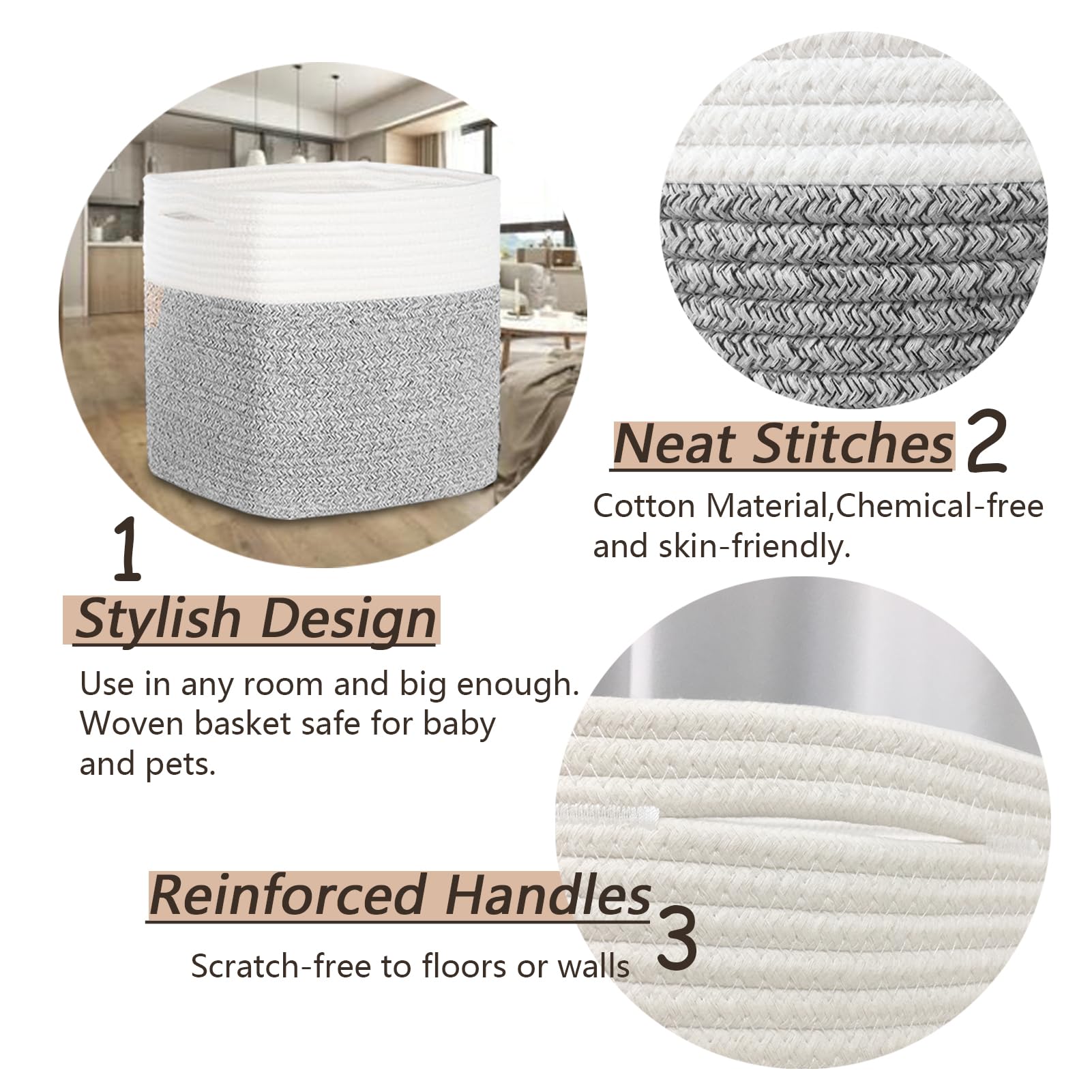 3PACK Cotton Rope Square Basket with Handles for Shelves