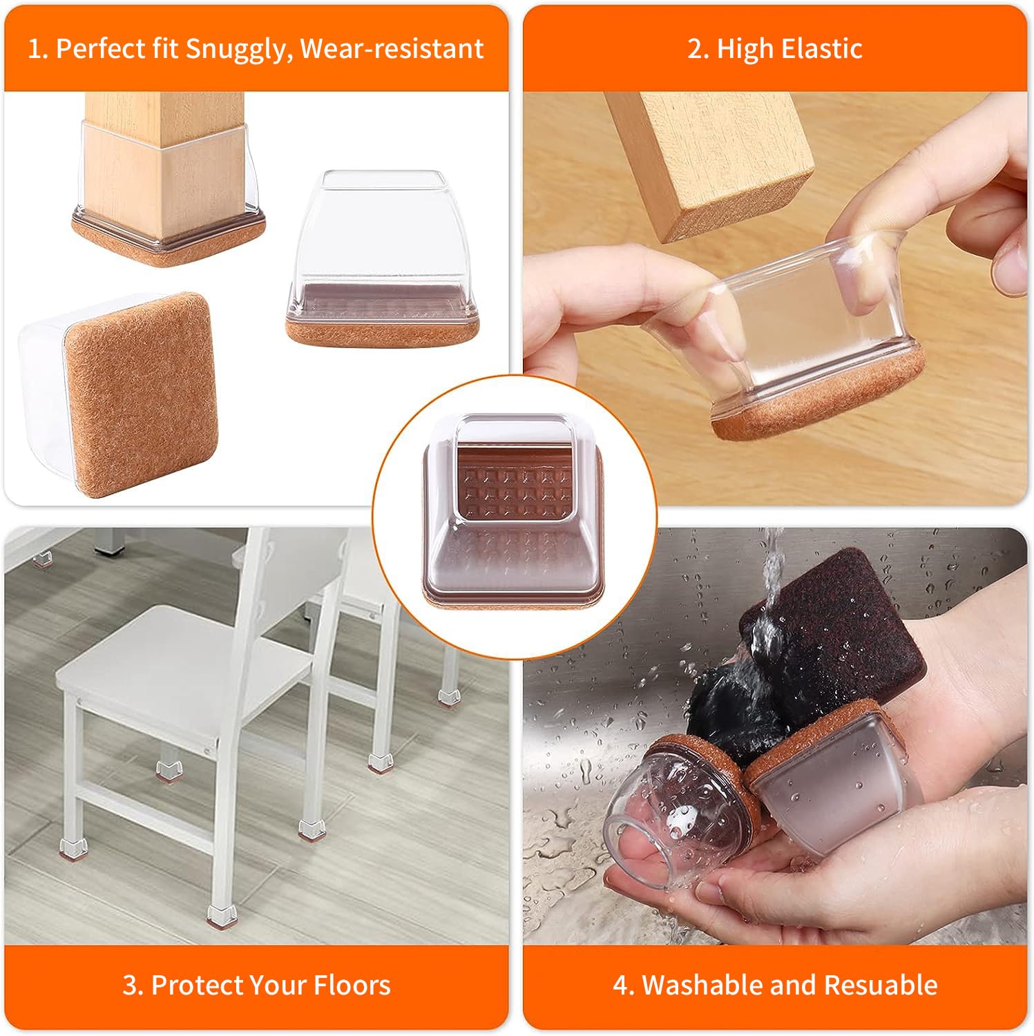 24 Pcs Clear Square Chair Leg Floor Protectors with Felt (24 Count)