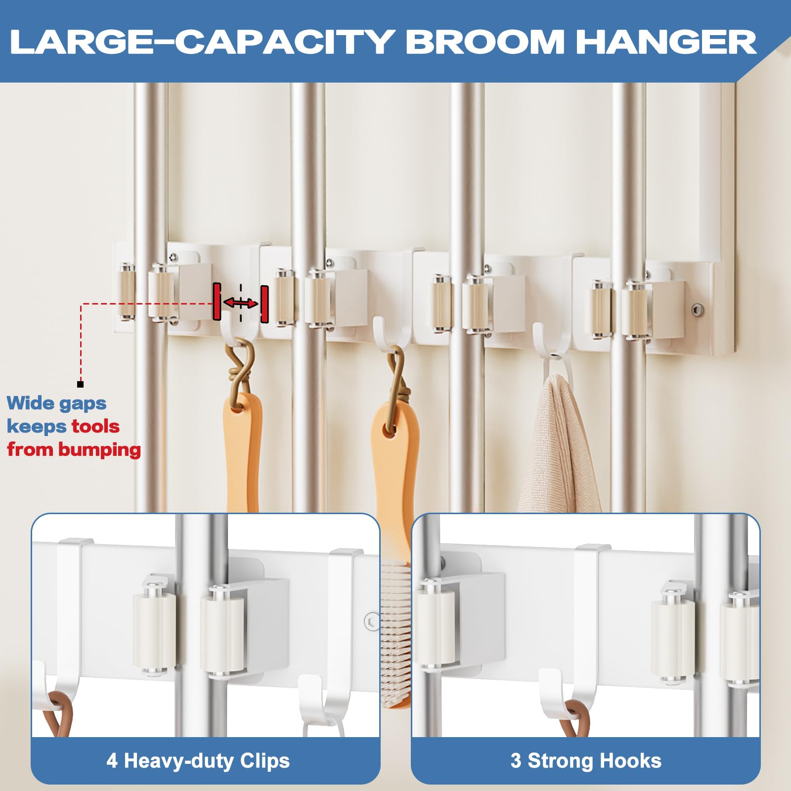 Broom Holder Wall Mount with Cleaning Supplies Organizer