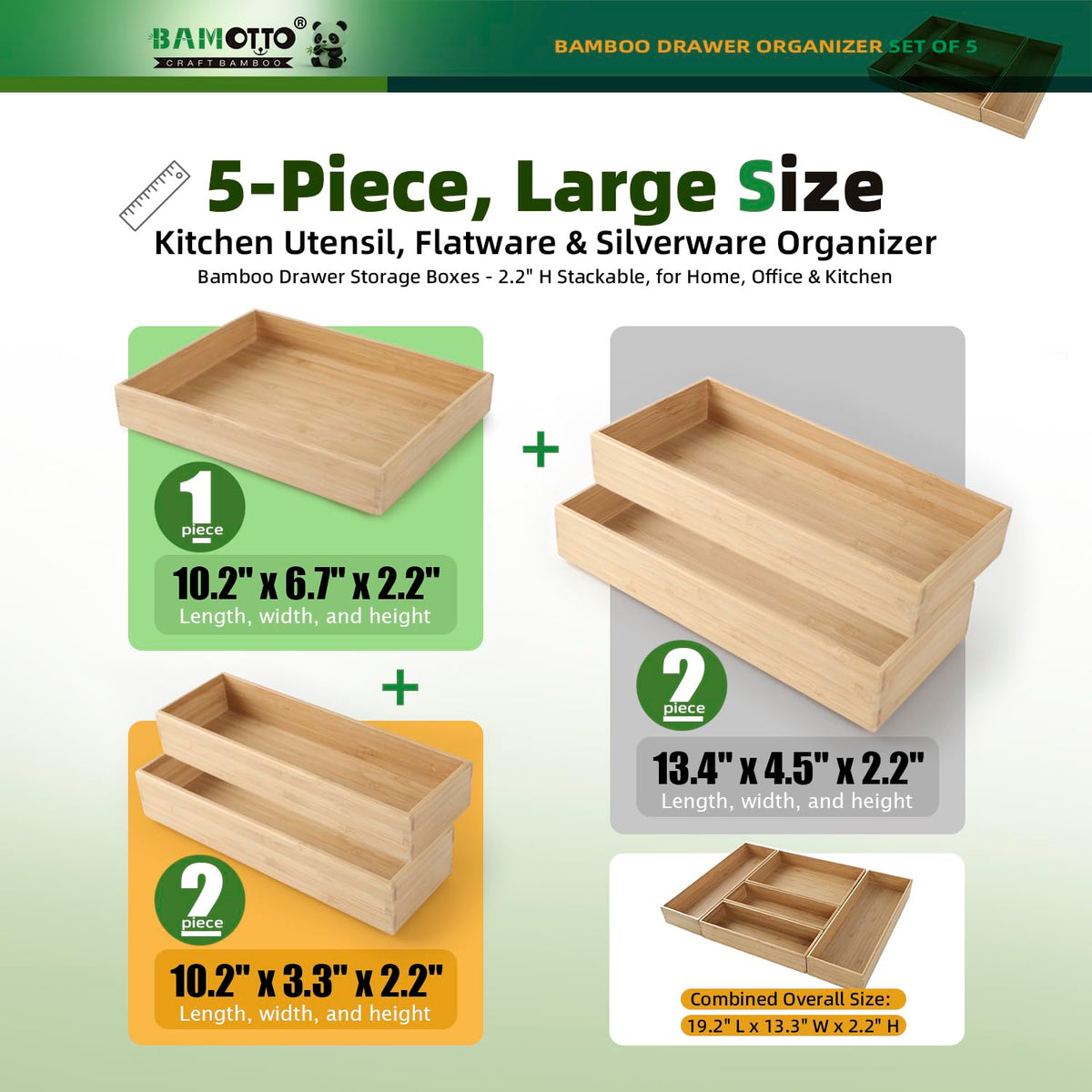 Stackable Bamboo Drawer Organizer Set of 5 for Kitchen (5 Count)