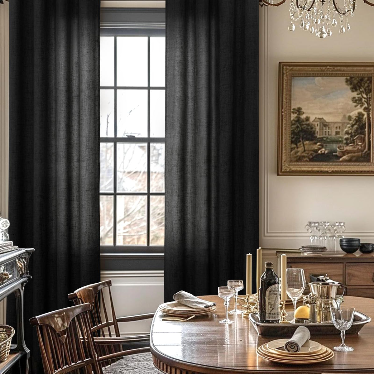 Black Linen Semi Sheer Curtains 52 X 72 Inch Length 2 Panels (2 Count)
