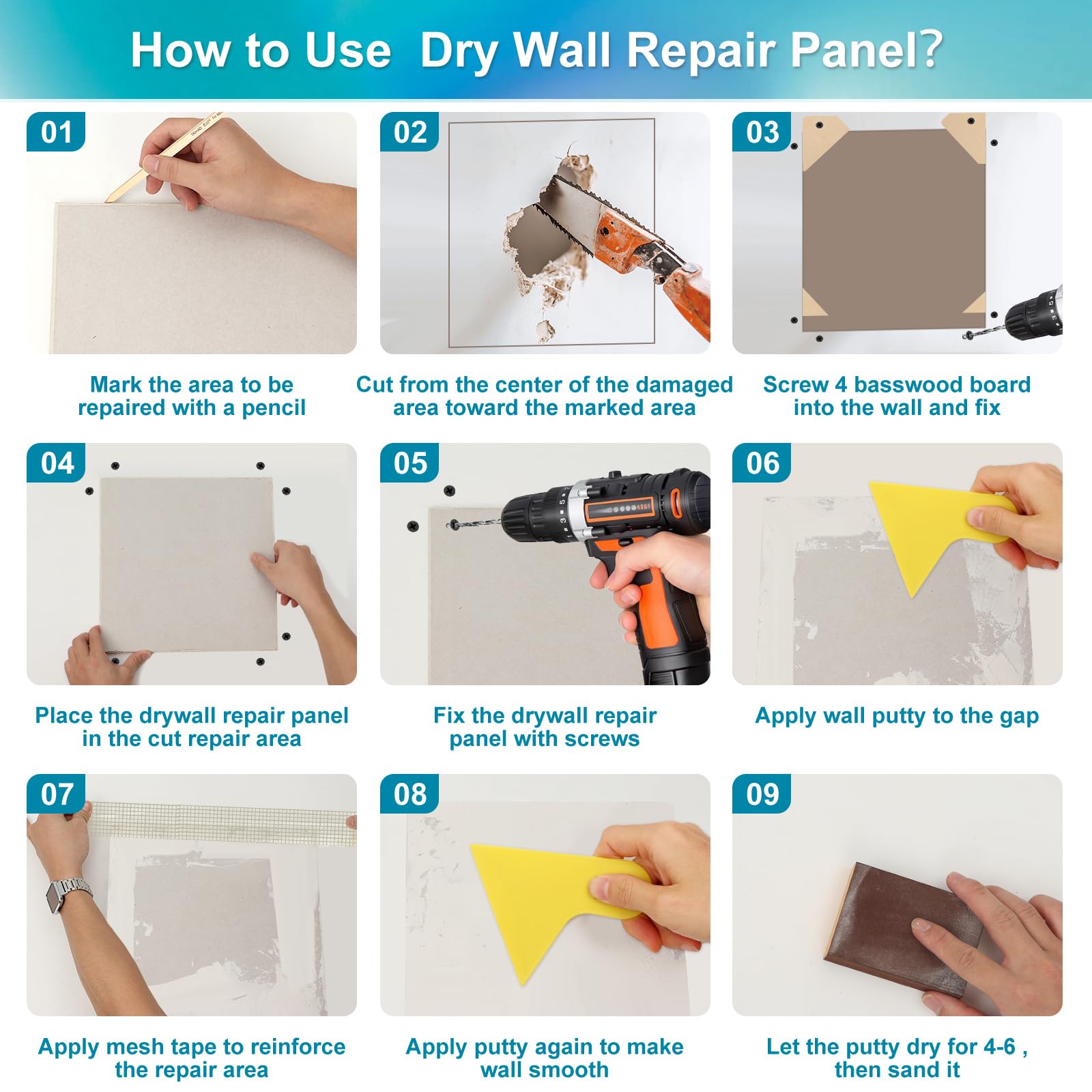 37 Pcs Drywall Repair Kit with 12"x12" Dry Wall Panel
