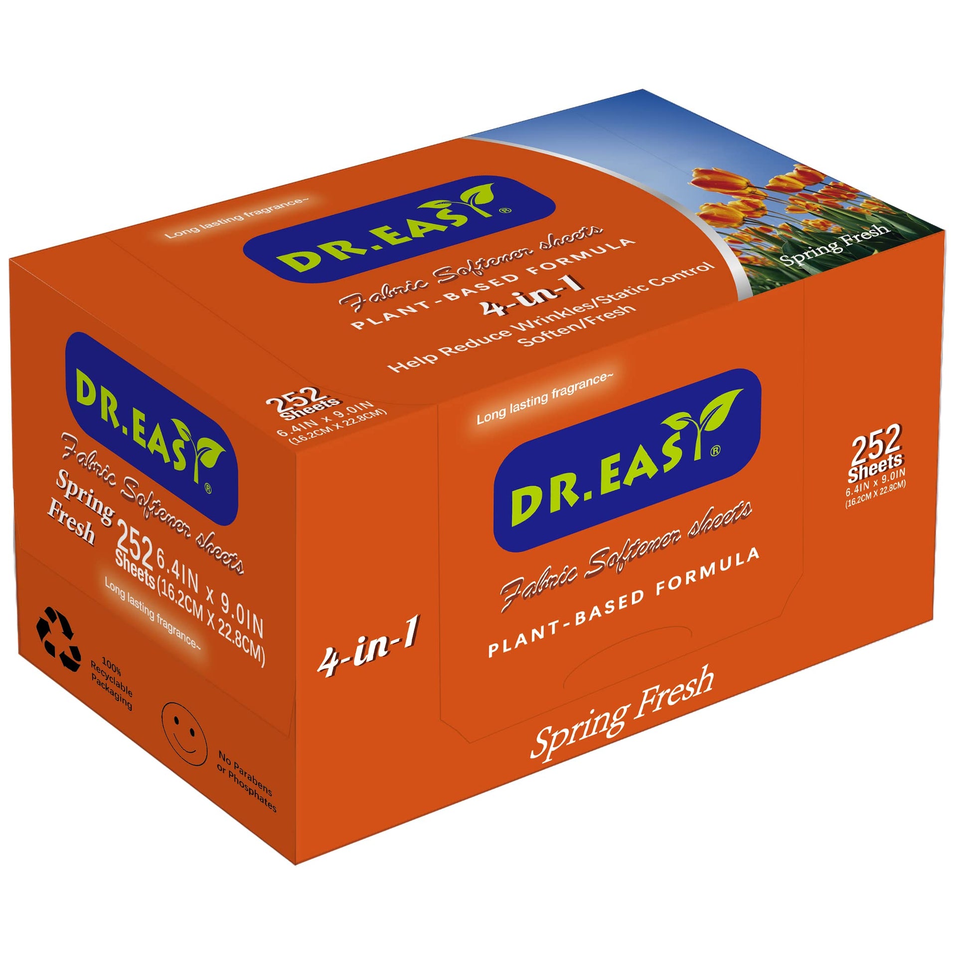 DR.EASY Dryer Sheets Plant Based Formula 252 Ct Fabric Softener sheets for Laundry Spring Fresh Essential Oil Scented No Artificial Fragrances No Dyes Reduce Static & Wrinkles Help Repel Pet Hair (252 Count)