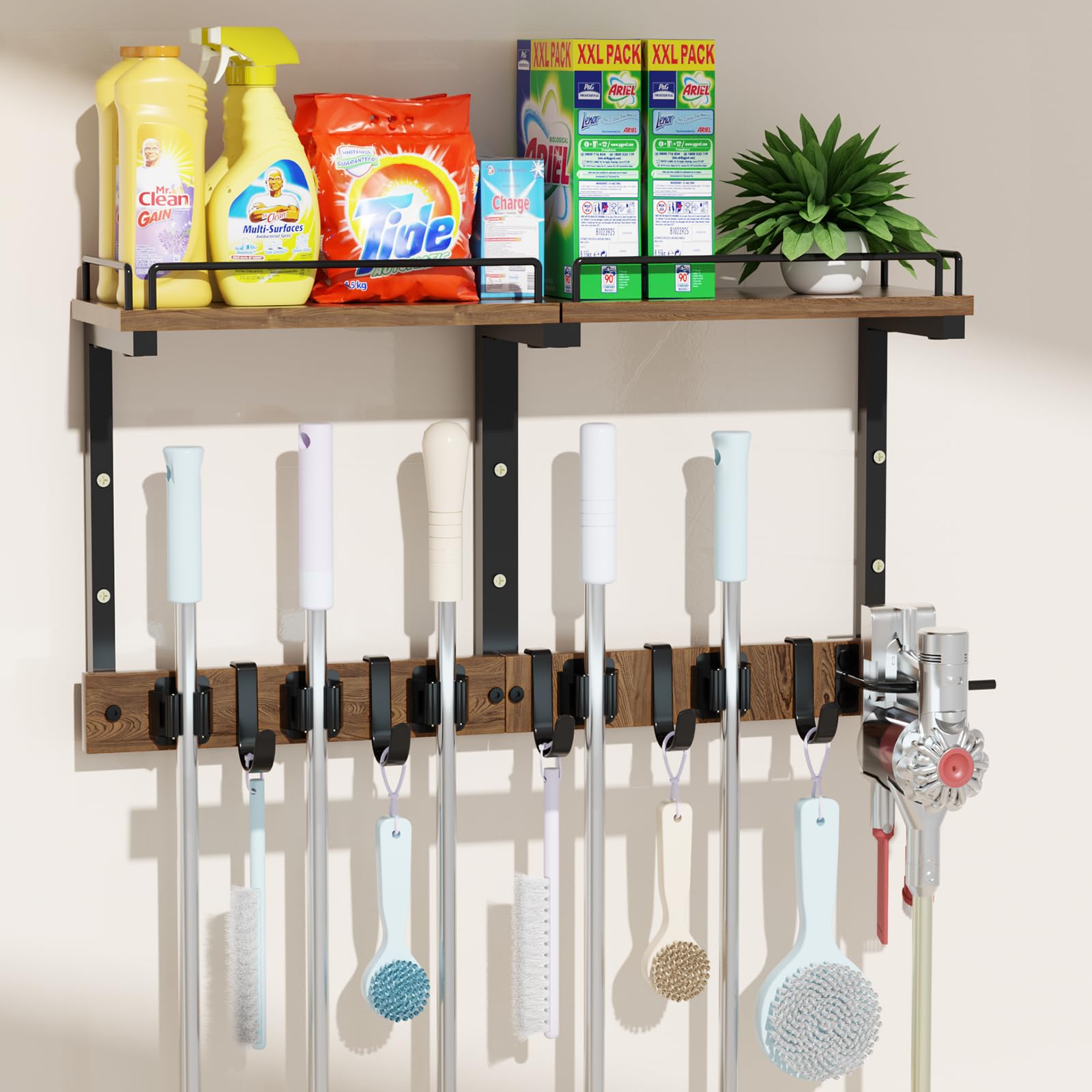 Broom and Mop Organizer Wall Hanging with Cleaning Supplies Organizer
