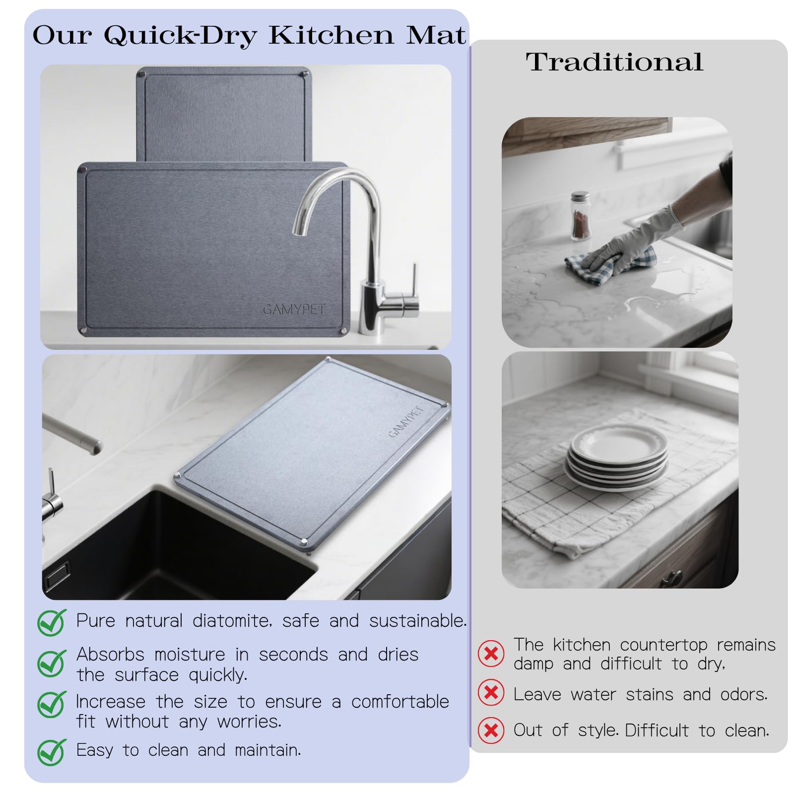 Large Dish Drying Stone Mat for Kitchen 24"x16" Light Gray