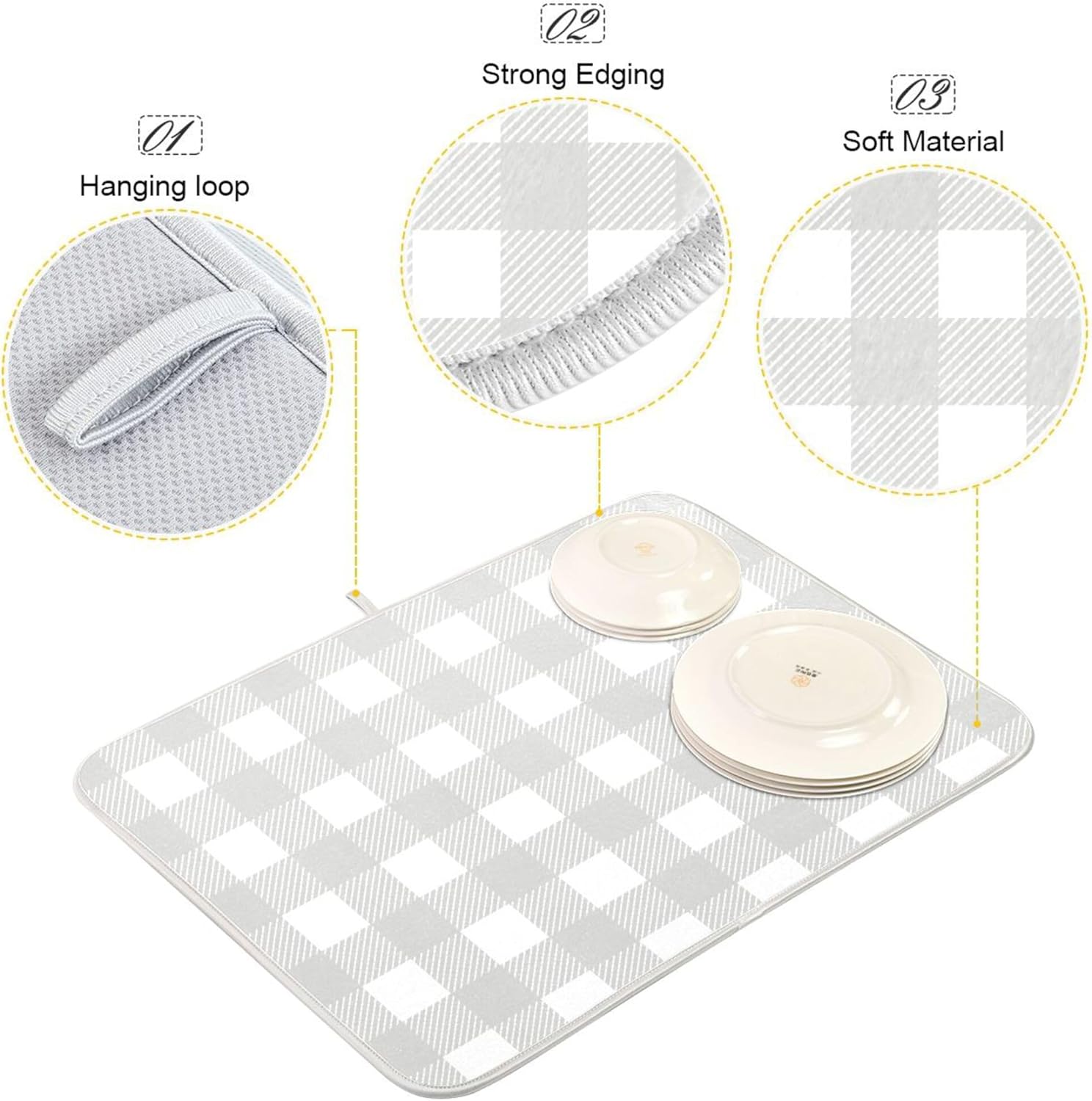 Buffalo Plaid Gray White Dish Drying Mat for Kitchen Countertop 18x24 Chessboard Rectangle Large Drying Mat Reusable Quick Dry Dish Sink Absorbent Mats Dishwasher Easy Clean Decorative Home Essentials