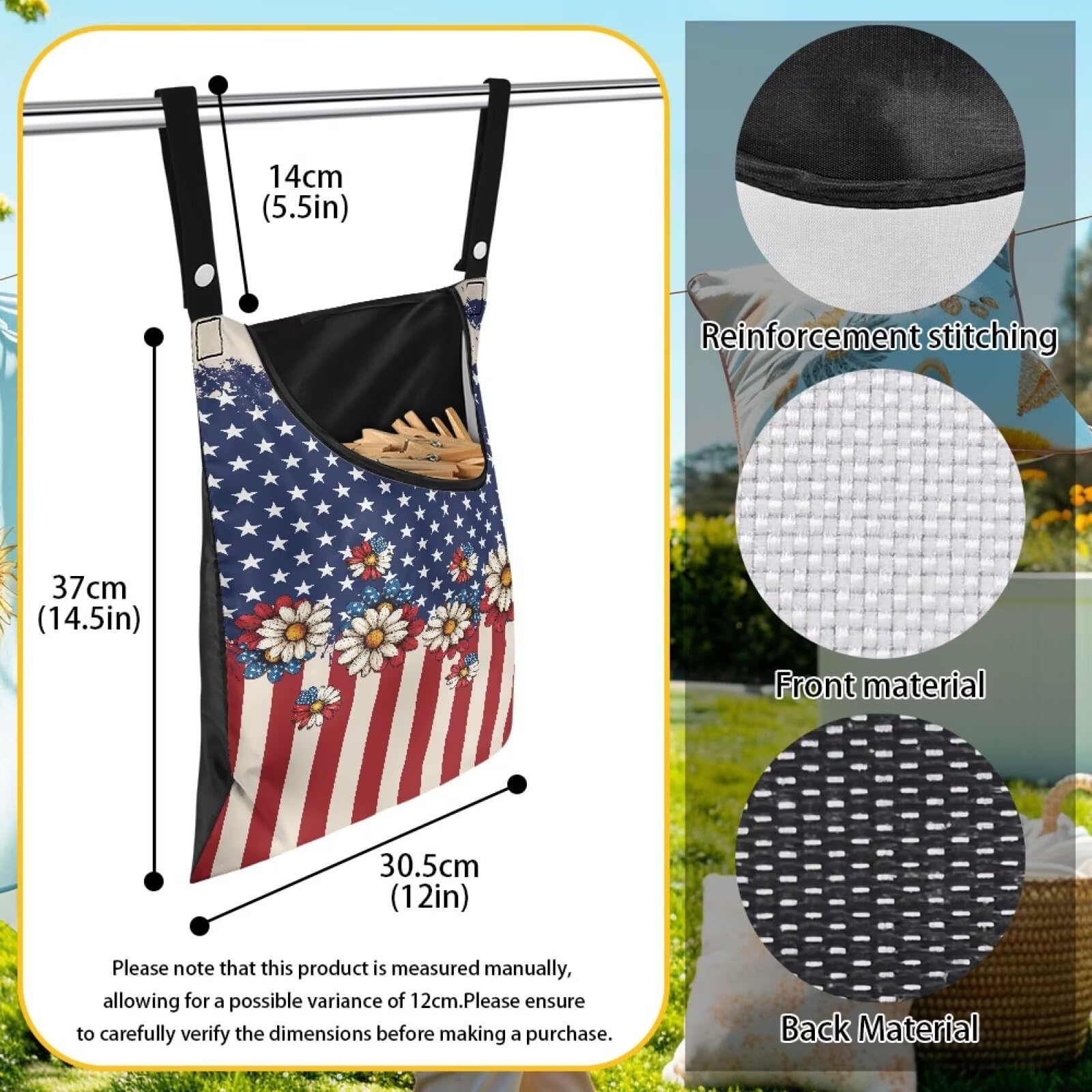 American Flag Clothes Pin Bag Floral Poeny Clothes Pin Hanging Bag Fashion Clothespin Organizer Bag Portable Clothespin Storage with Large Opening Clothespins Storage for Small Items