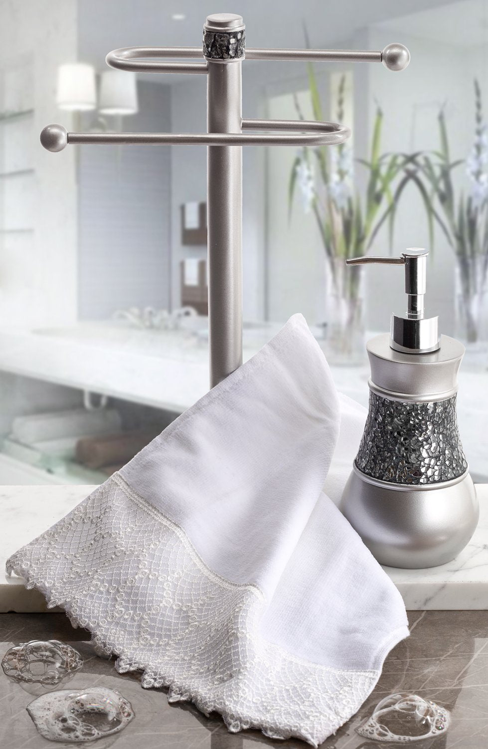 Crackled Glass Silver Free Standing Countertop Fingertip Towel Holder Stand