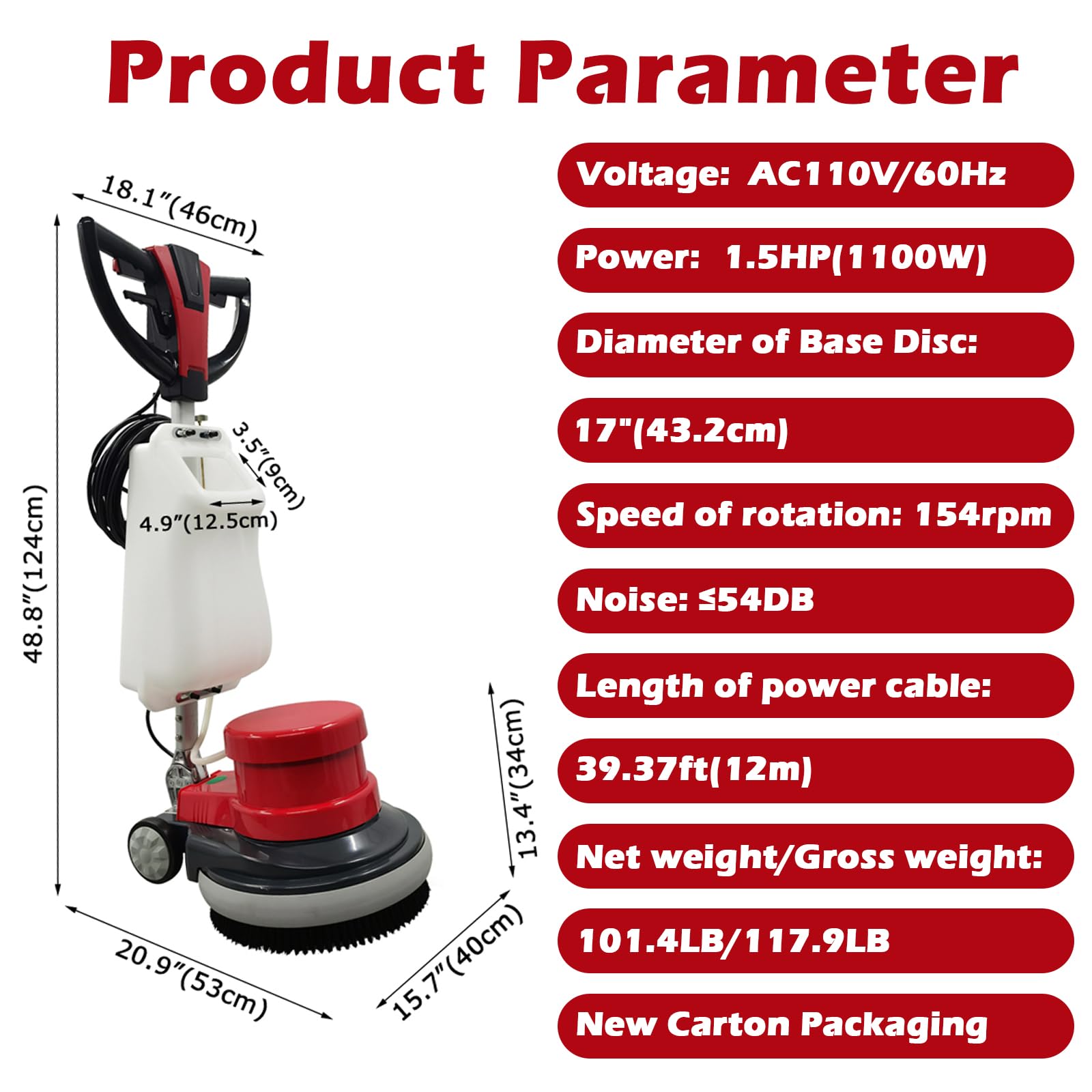 Floor Polisher & Buffer Commercial Floor Buffer Scrubber 17" Carpet Cleaning Machine 154RPM Industrial Orbiter Floor Cleaning with 3gal Tank and 3 Brush heads
