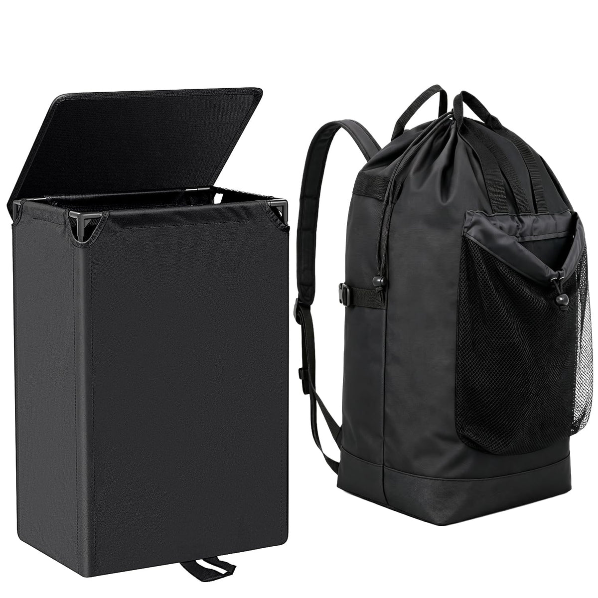 100L 2-in-1 Laundry Hamper with Laundry Backpack, Waterproof Basket with Lid, Laundry Bag with Shoulder Straps and Mesh Pocket, Hamper for College Dorm, Travel, Apartment, Laundromat