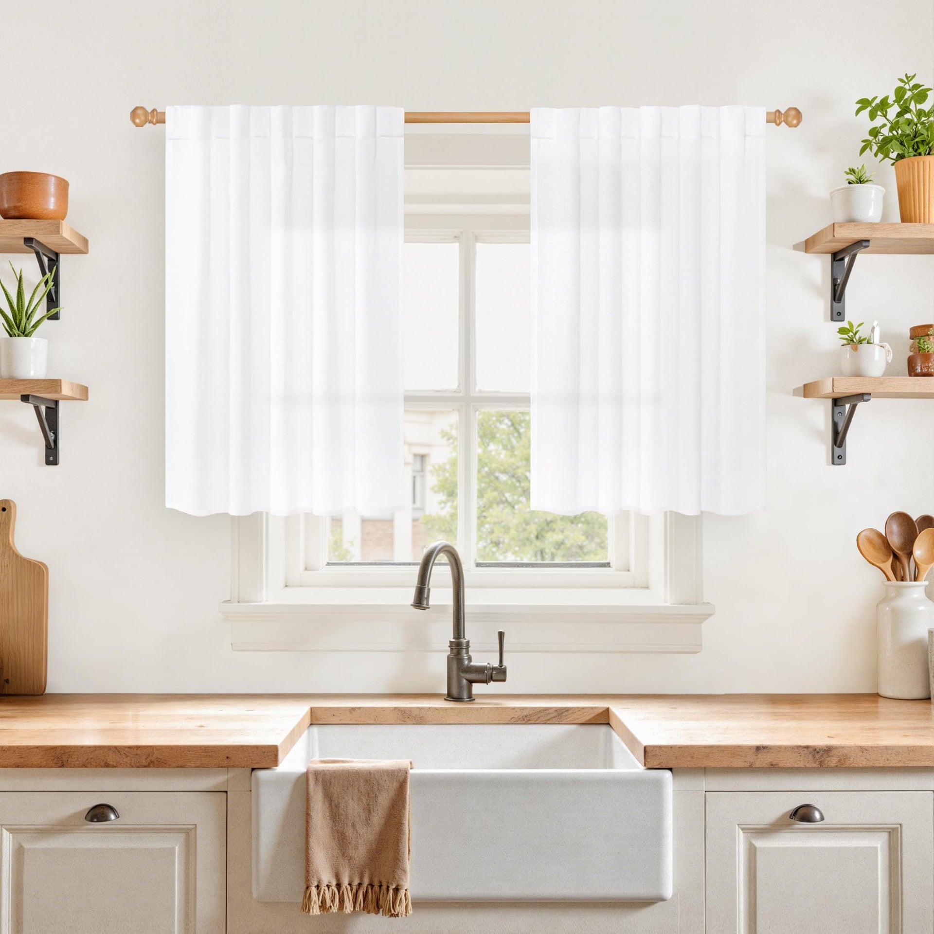 White Linen Curtains 36 Inch Length for Kitchen Window Over Sink (2 Count)