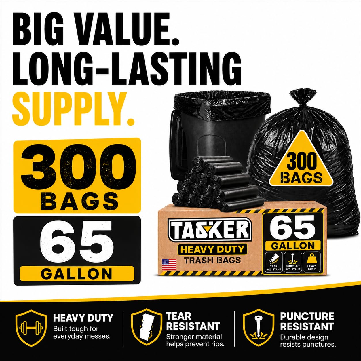 300 Bags, 64-65 Gallon Trash Bags Heavy Duty, Large Black Garbage Bags, Wide Mouth Trash Can Liners for 60, 64, 65 and 70 Gallon Cans to Fit Toter Cart Liners for Outdoor Lawn Yard Cleanup (300 Count)