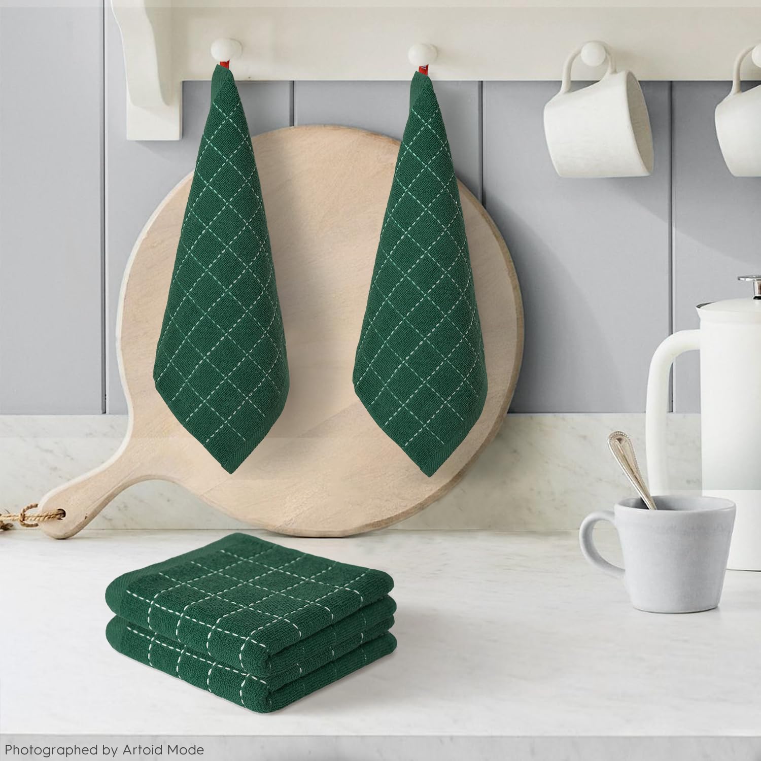 Checkered Designed Cotton Green Terry Kitchen Dish Cloths (6 Count)