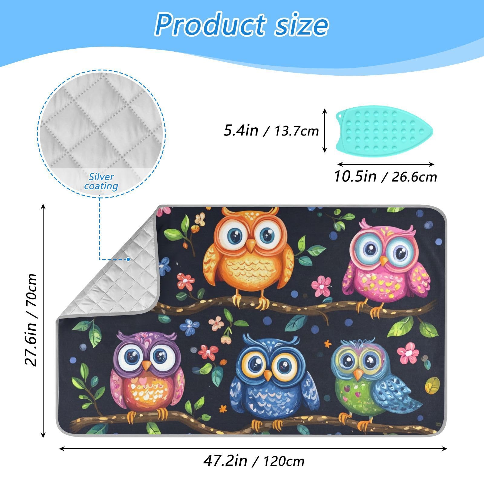 Vibrant Owls Branches Flowers Spring Ironing Mat Portable Ironing Pad Blanket with Silicone Iron Rest for Table Top Travel Heat Resistant Double
