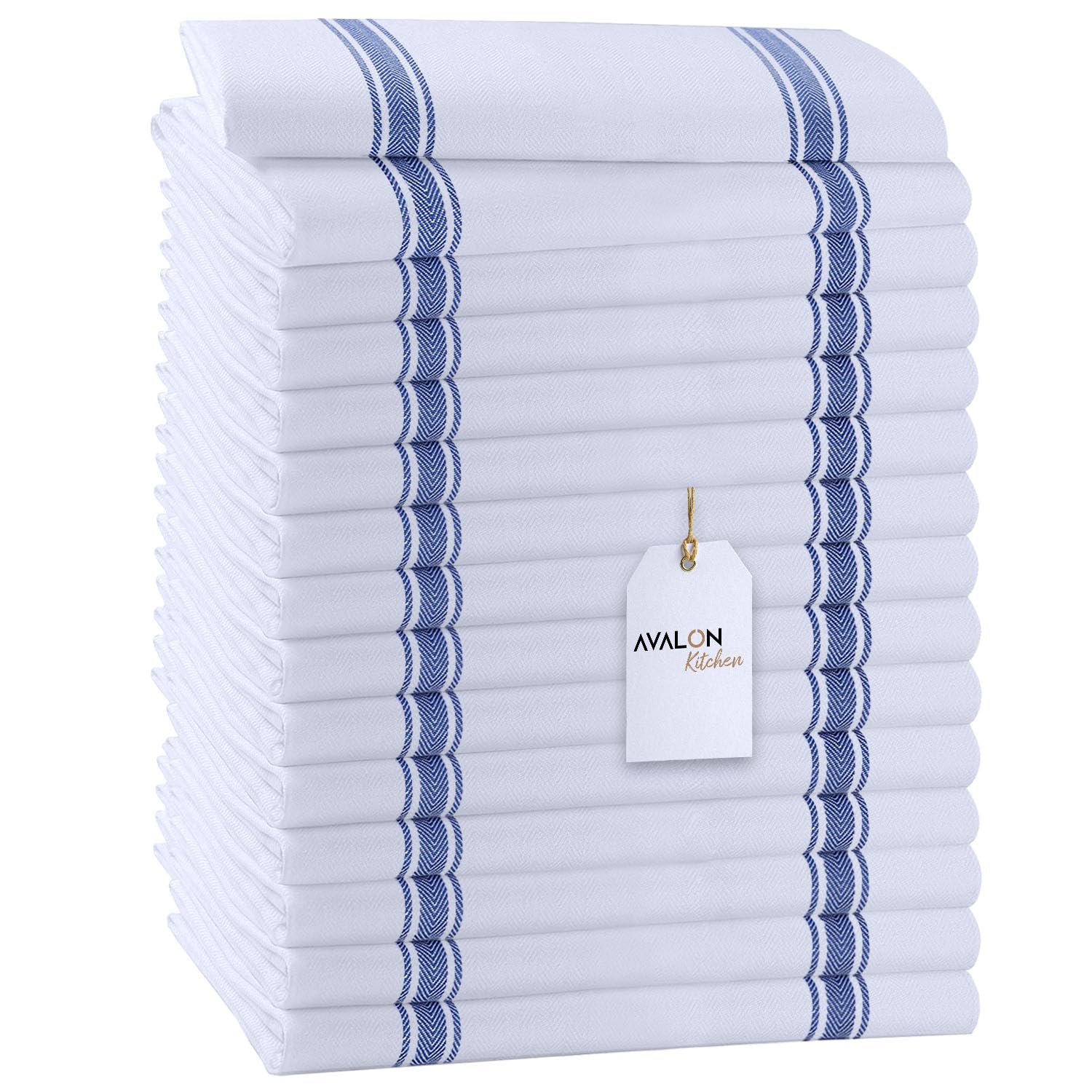 Dish Towels 15 Pack Blue Stripe 100% Cotton Kitchen Towel 15x25 Inch Tea Towels (15 Count)