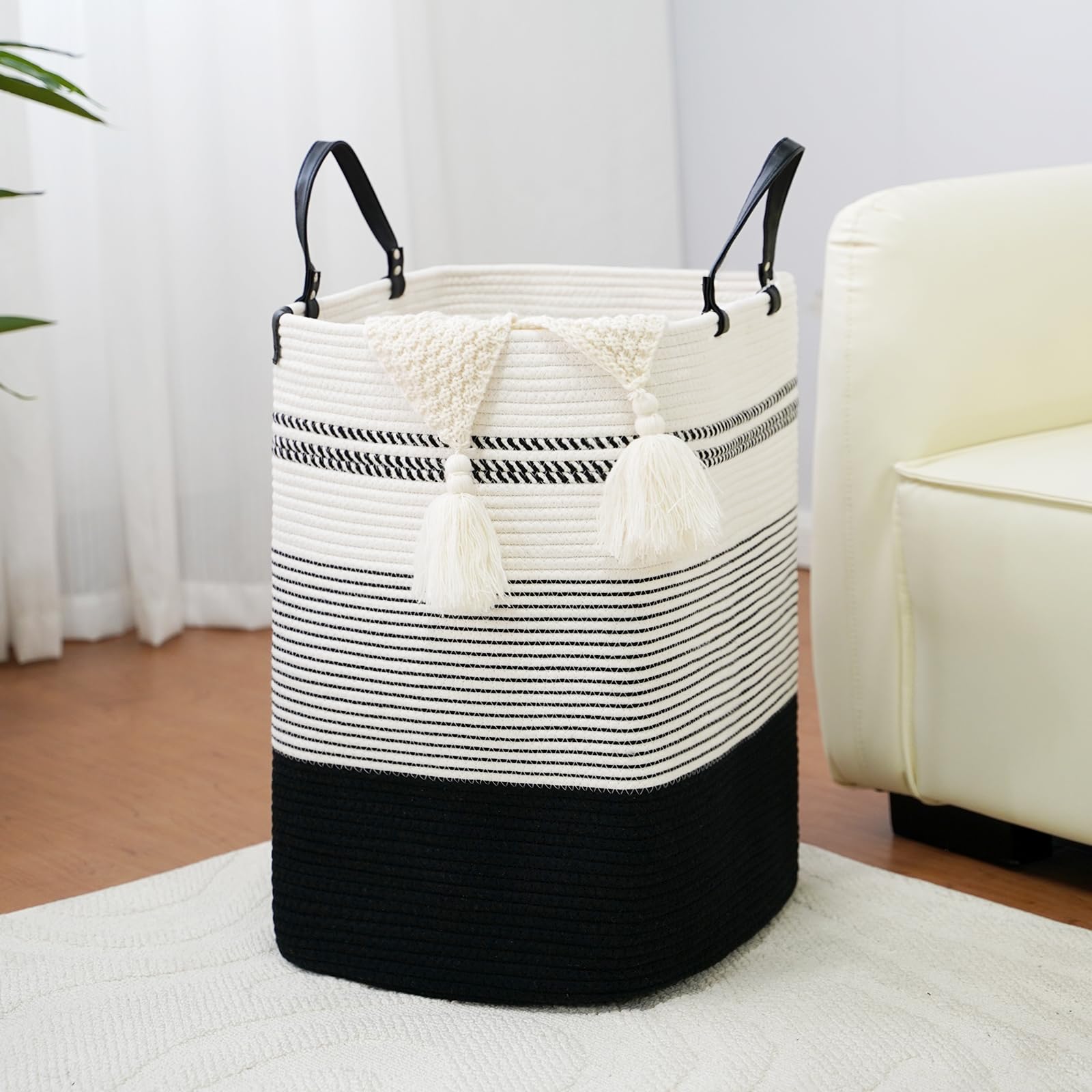 75L Woven Laundry Hamper with Long Leather Handles (67.2 Ounce)