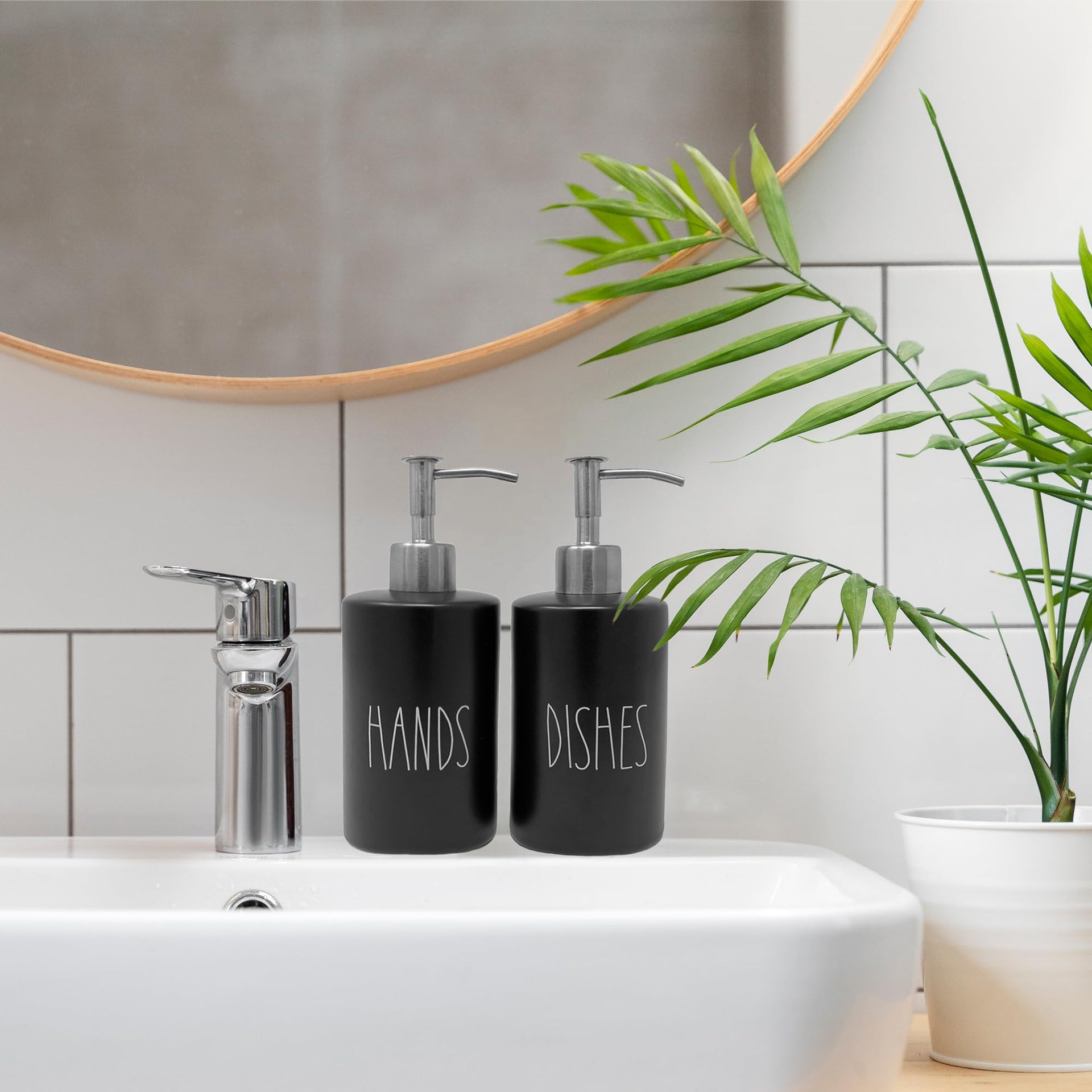 Modern Farmhouse Ceramic Dishes and Hands Soap Dispenser Set for Kitchen (2 Count)