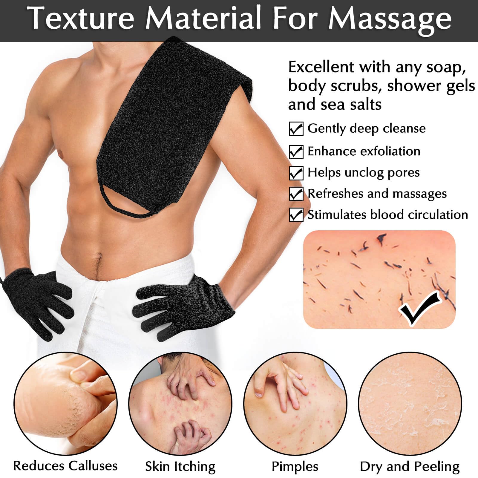 Exfoliating Back Scrubber Bath Gloves Set (3 Count)