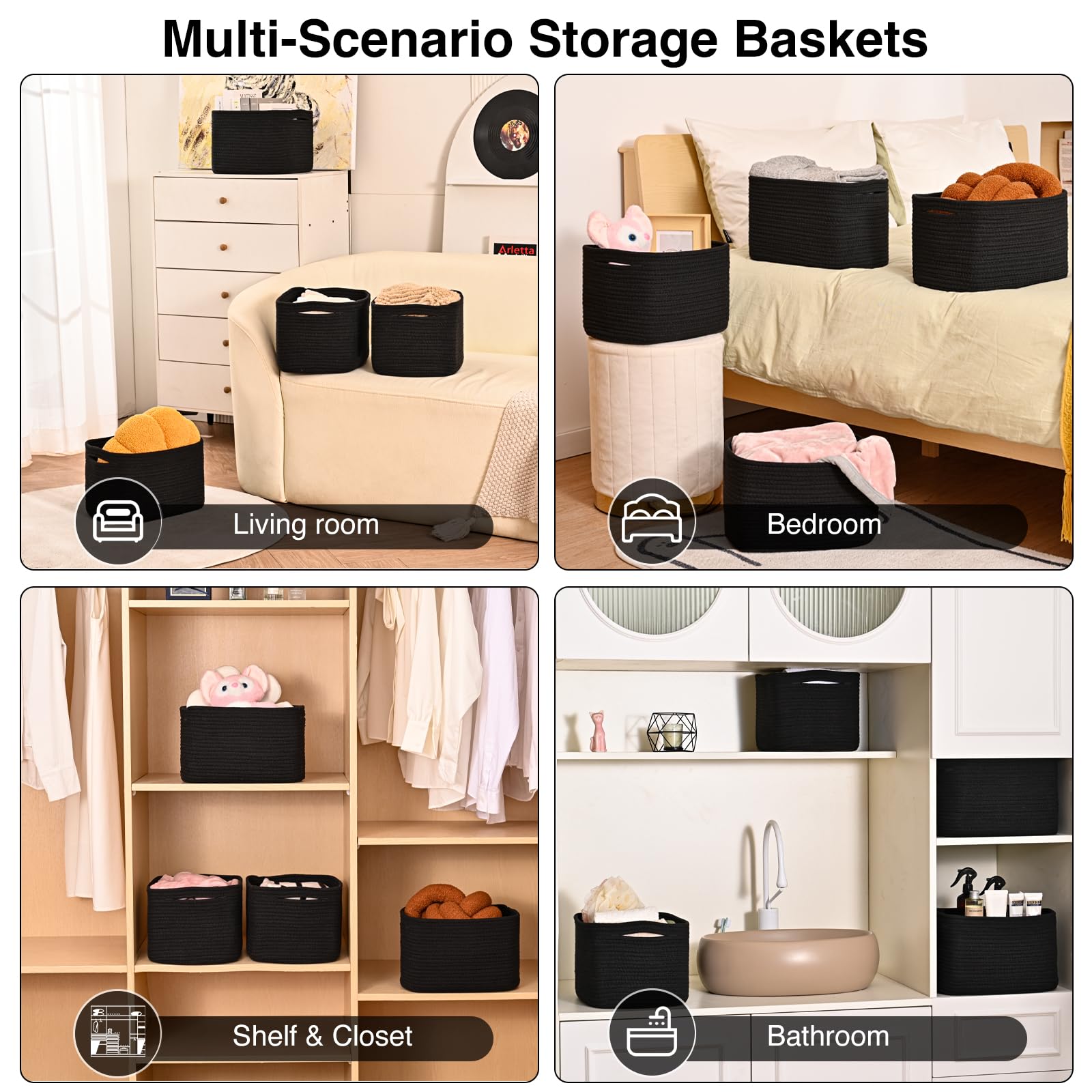 Black Storage Baskets for Shelves (4 Count)