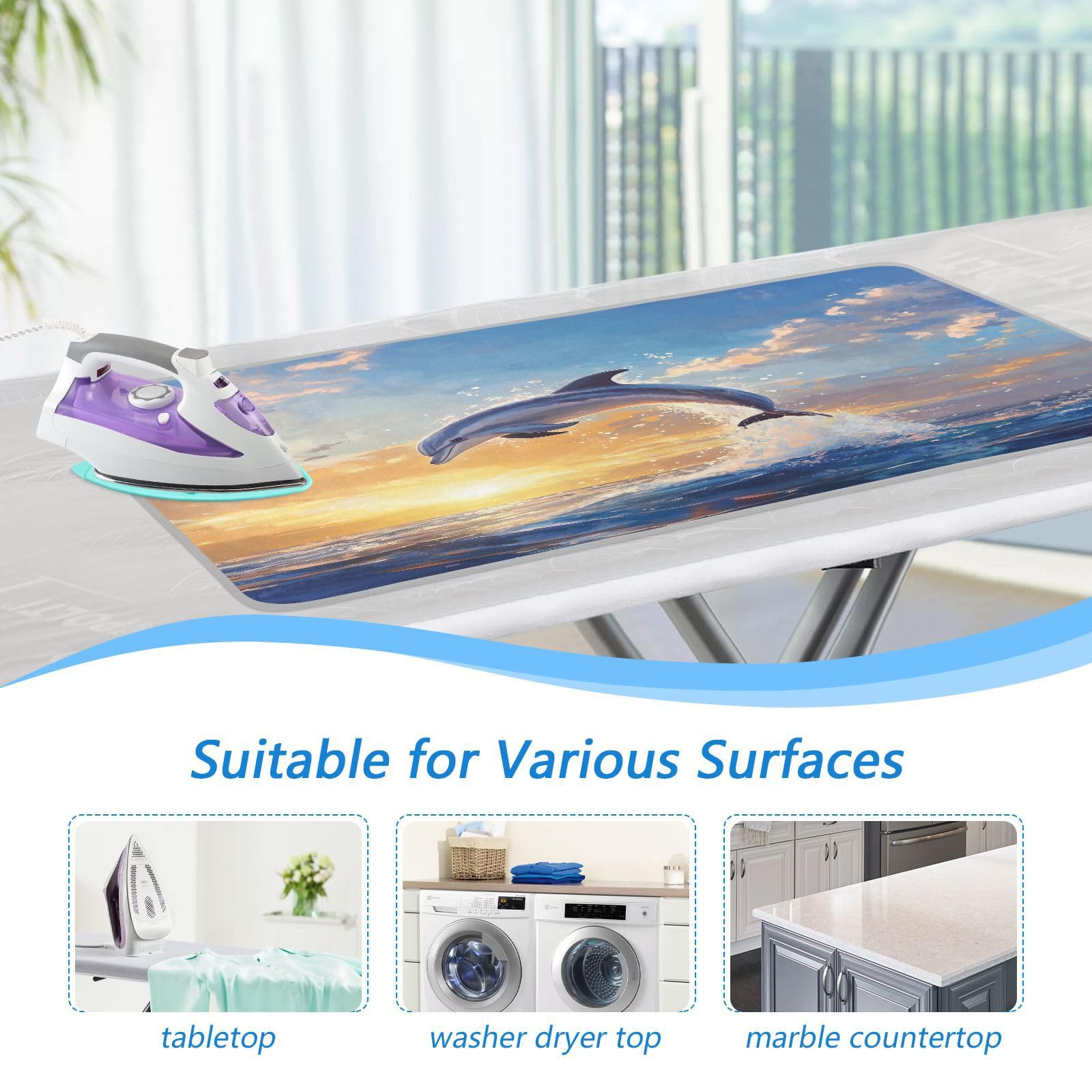 Dolphin Jumping Sunset Blue Ironing Mat Thickened Ironing Blanket Travel Portable Double