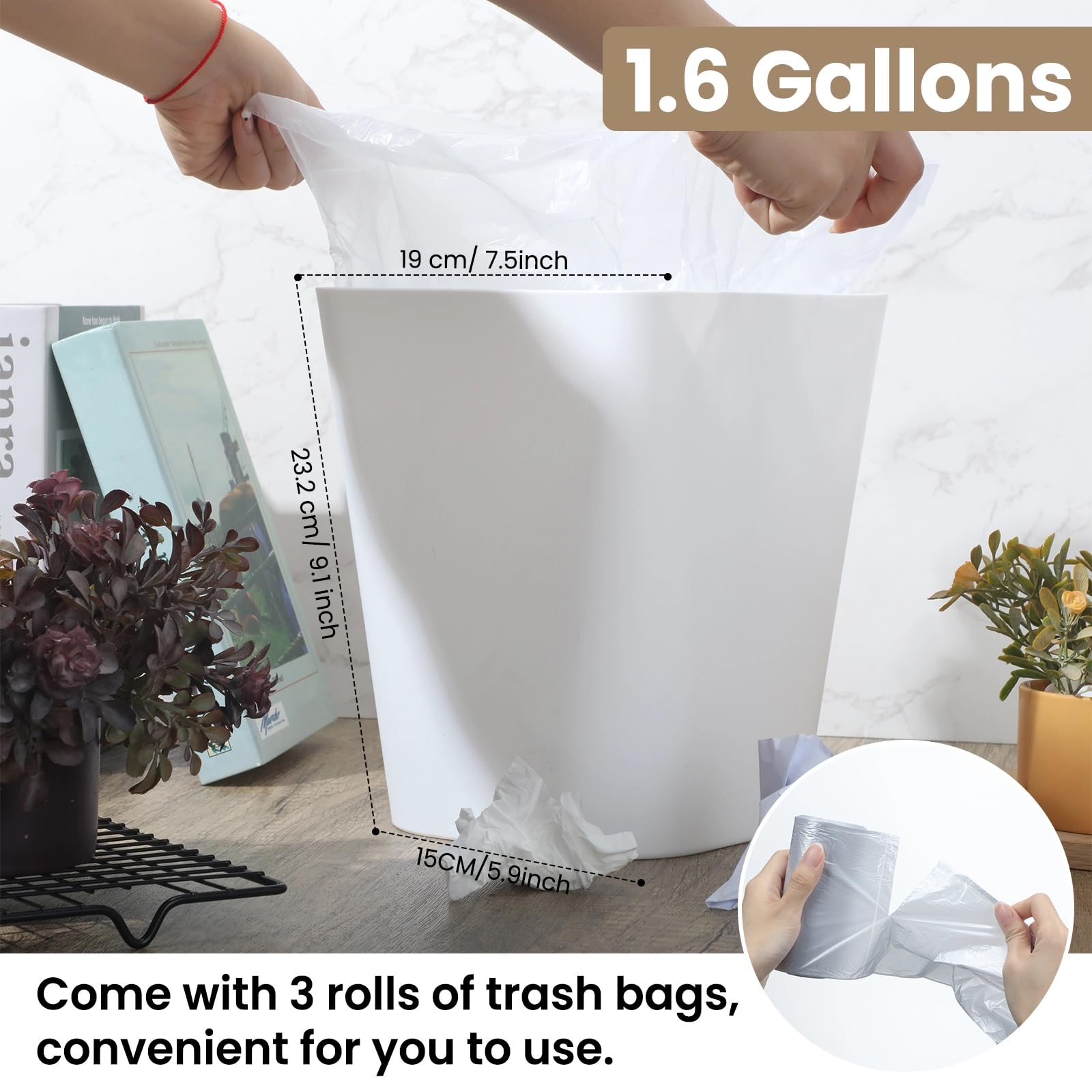 6 Pack Plastic Trash Can with 3 Rolls of Trash Bags Small Wastebasket Can Garbage Container Bin (6 Count)