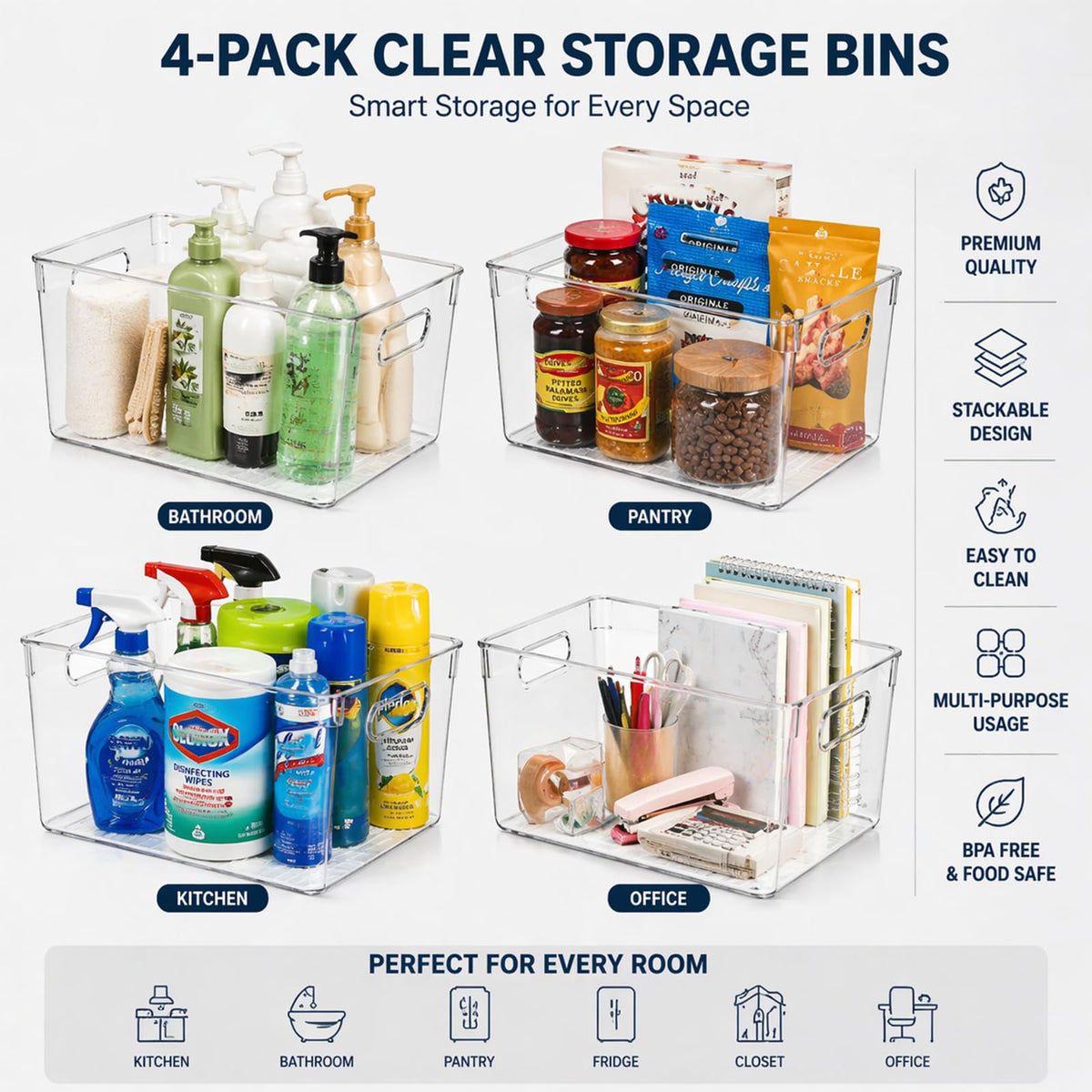 4 Pack Clear Plastic Storage Bins 11x8x6in Storage Containers (4 Count)