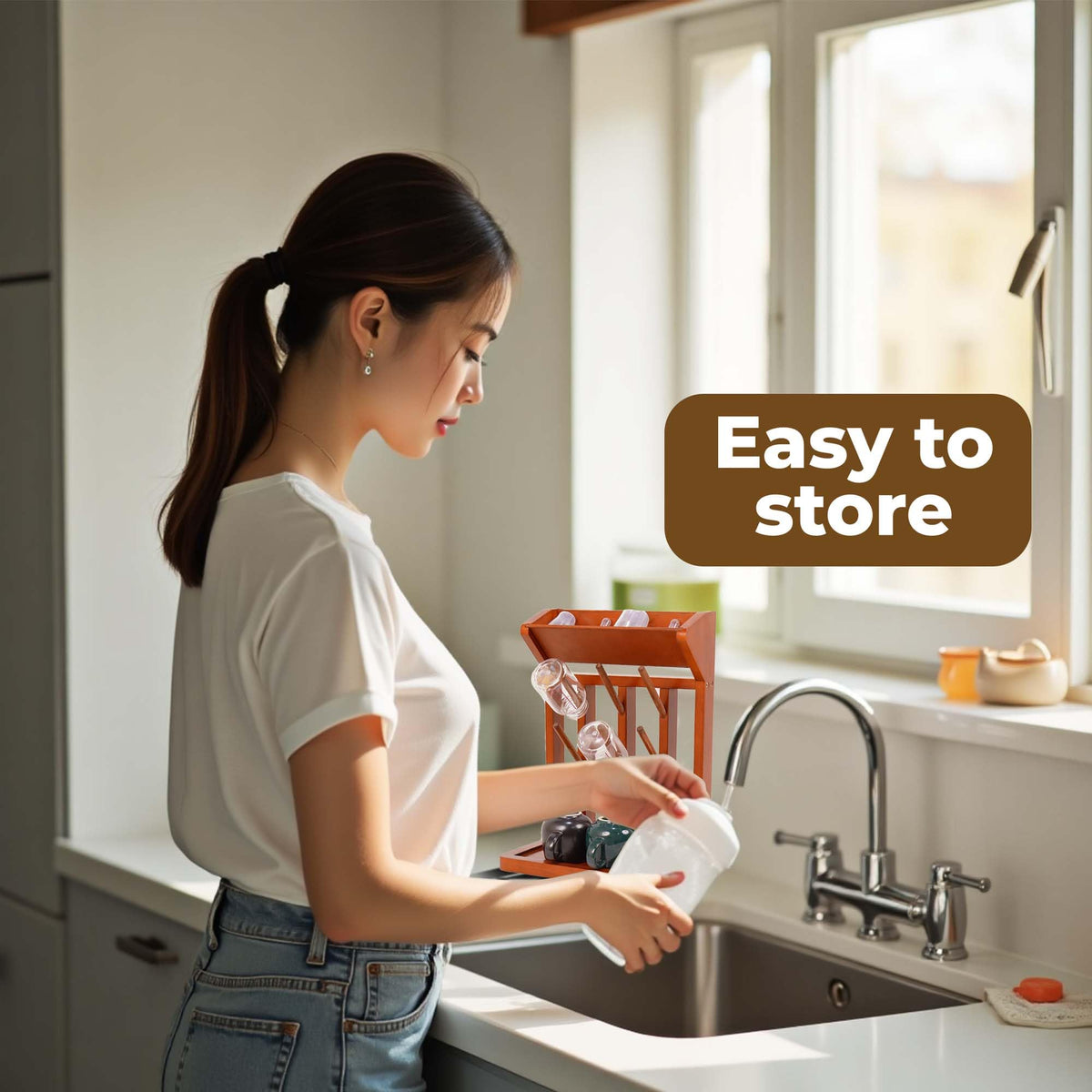Brown Vertical Bottle Drying Rack Rubber Wood 9 Hooks