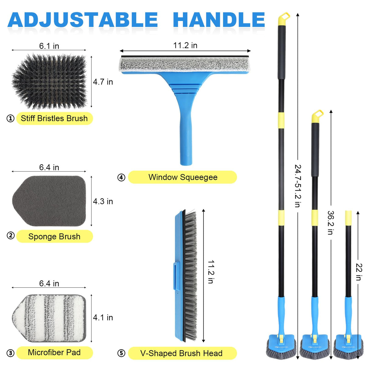 Tile Tub Scrubber Brush with 5 Different Function Cleaning Heads and 51" Extendable Long Handle Non Scratch Shower Scrubber for Cleaning Bathroom Kitchen Toilet Wall Bathtub (9 Count)