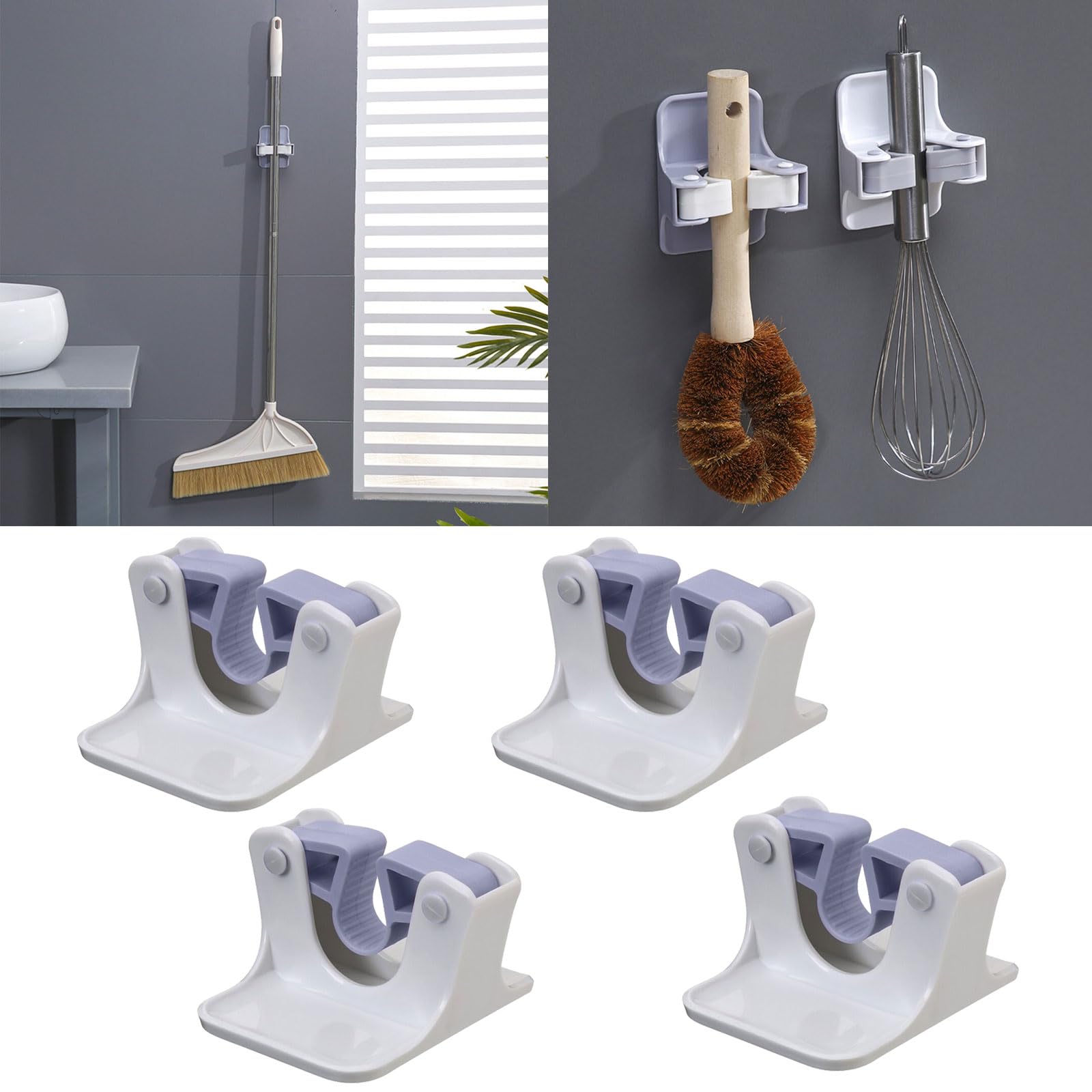 4 Pack Wall Mount Mop Holder Self Adhesive Broom Grippers No Drilling Mop Handle Hanger Practical Home Organization Tool