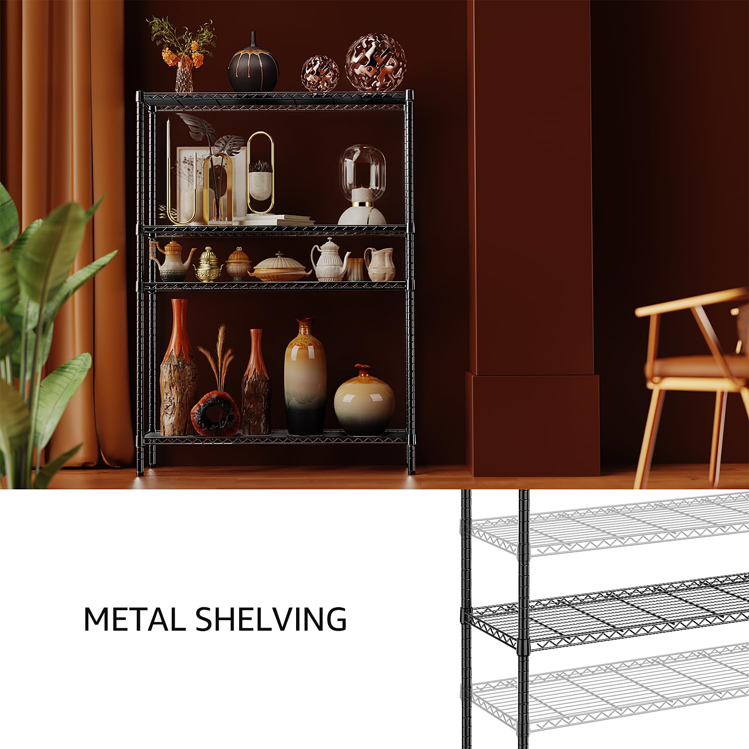 1400 LBS Garage Black Shelving Wide Storage Shelves 4 Tier Adjustable Heavy Duty Metal Wire Rack Standing Shelf Unit for Kitchen Office College Dorm Garage Warehouse 15.8" x 45.8"x 59.4"