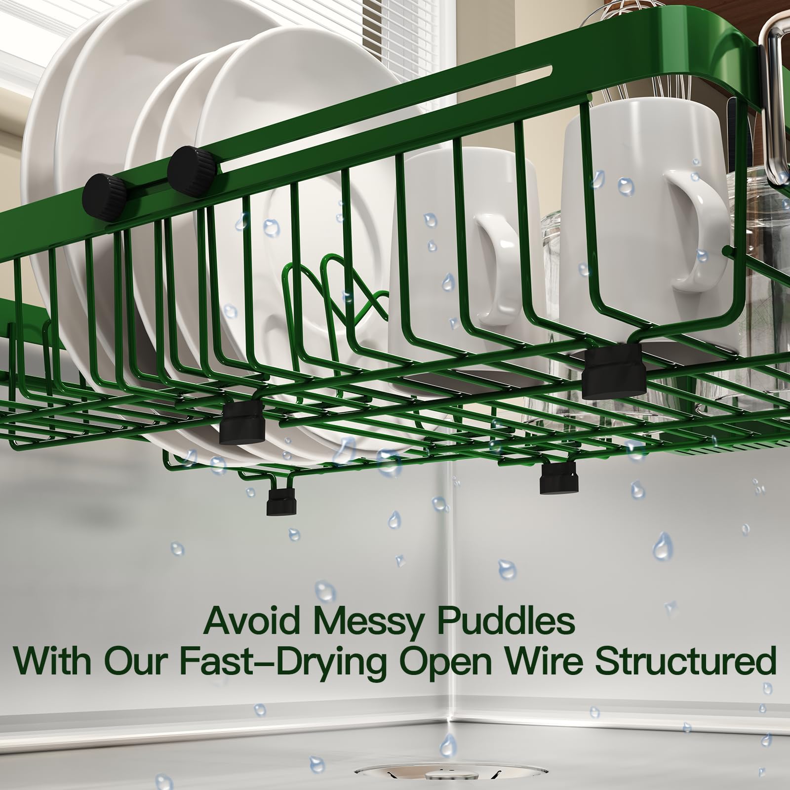 Green Dish Drying Rack Over The Sink with Utensil Holder