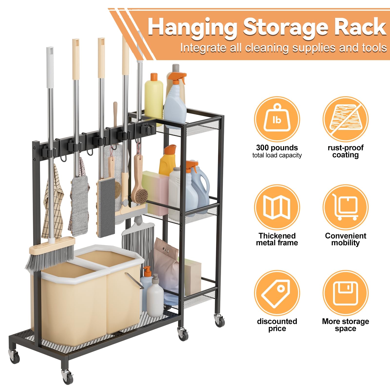 Wheeled Metal Broom Closet Storage Cabinet