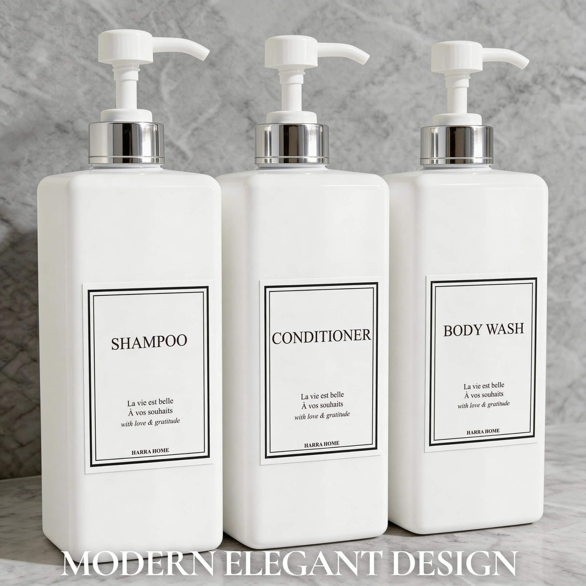 Modern Gold Design Pump Bottle Set 27 oz Refillable Shampoo and Conditioner Dispenser Empty Shower Plastic Bottles with Pump for Bathroom Lotion Body wash (3 Count)